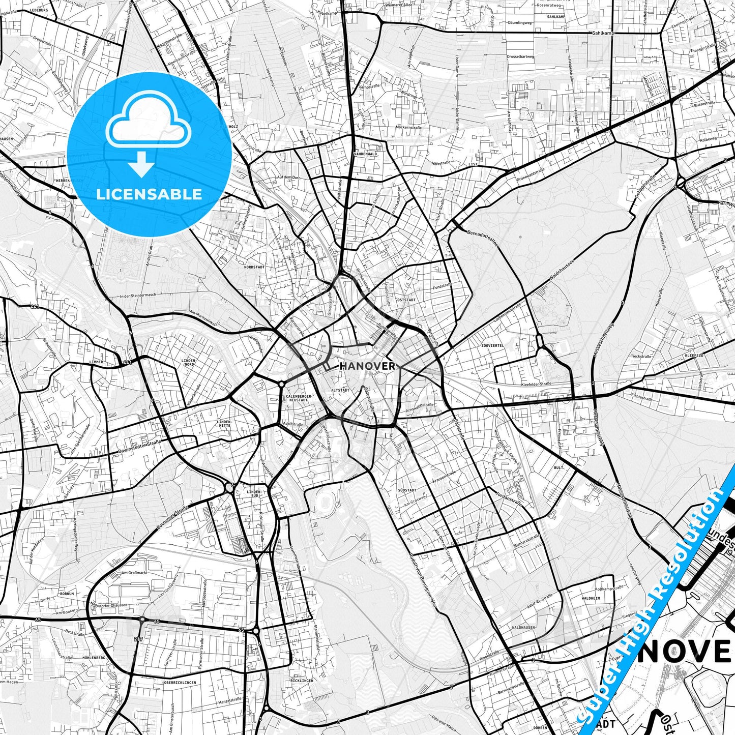 Hannover, Germany Light Map with Street Names, City Names, and Districts