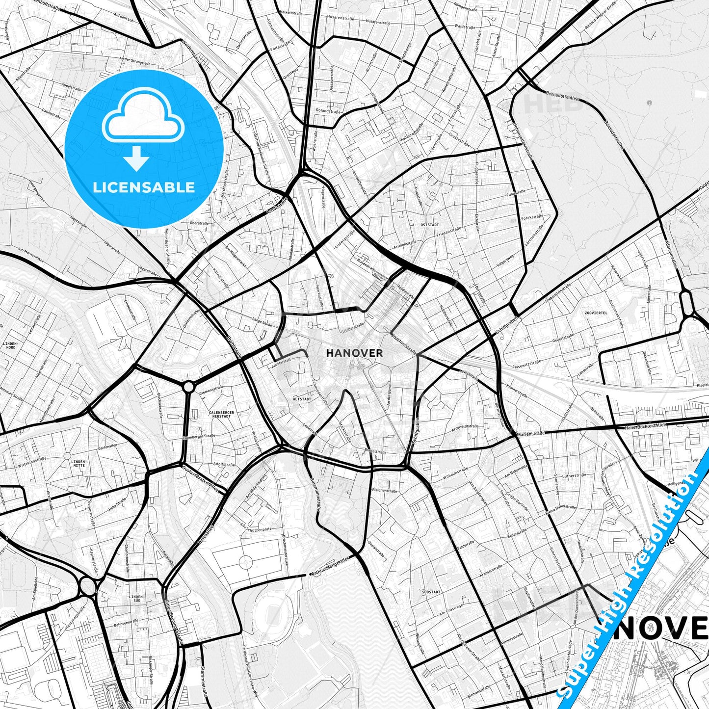 Hannover, Germany Light Map with Street Names, City Names, and Districts