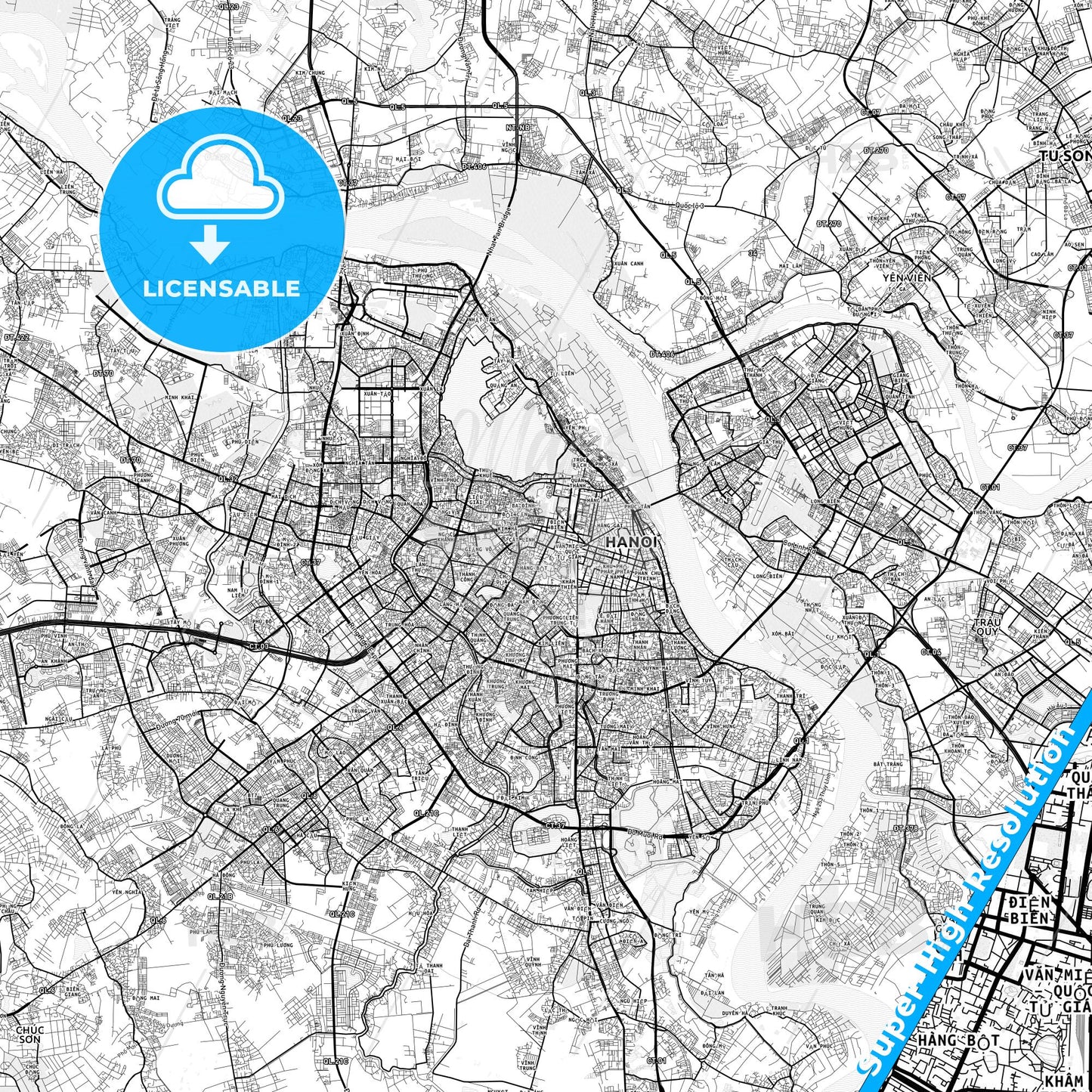 Hanoi, Vietnam light map with streetnames, citynames and districts