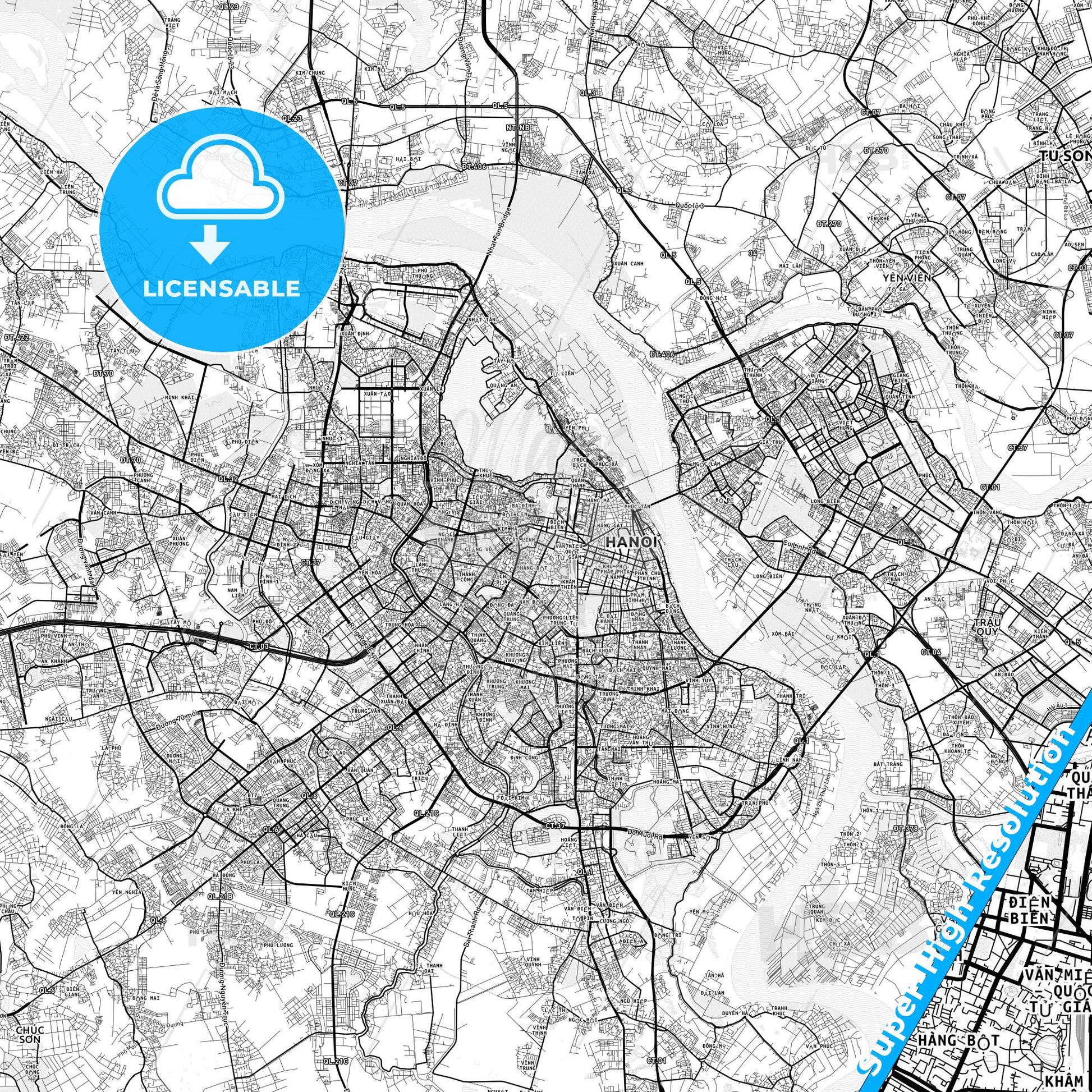 Hanoi, Vietnam light map with streetnames, citynames and districts