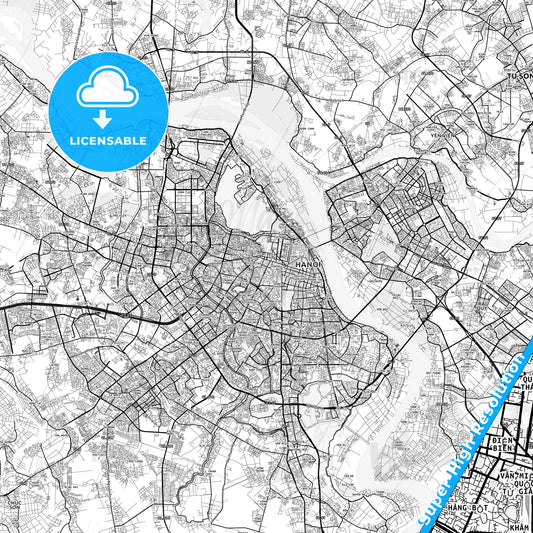 Hanoi, Vietnam light map with streetnames, citynames and districts