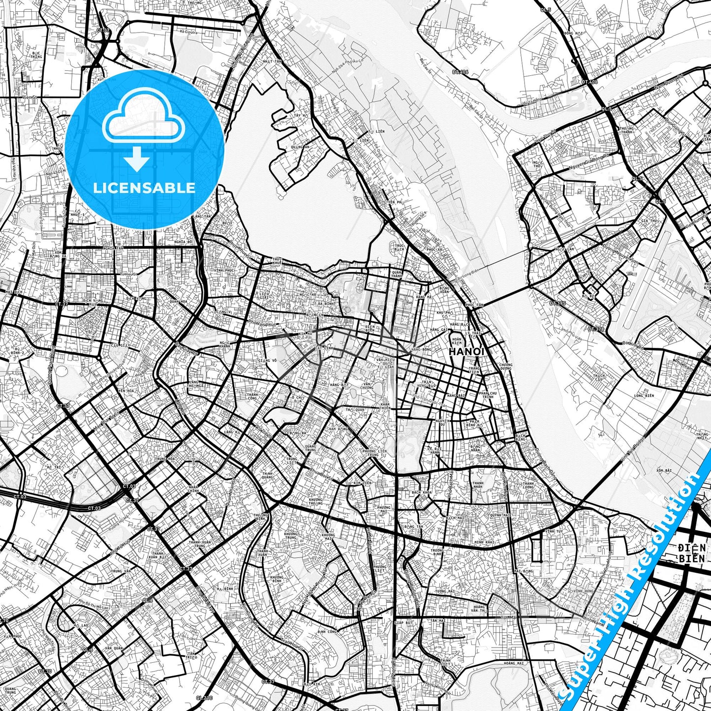 Hanoi, Vietnam Light Map with Street Names, City Names, and Districts