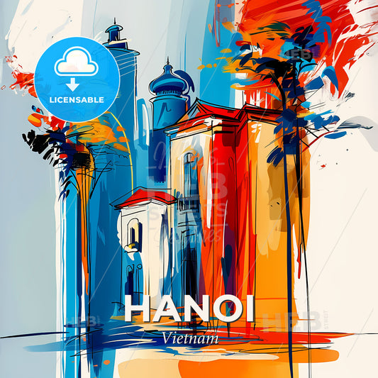 Vibrant Hanoi, Vietnam - A Painting Of A Building With Palm Trees - Square format print template