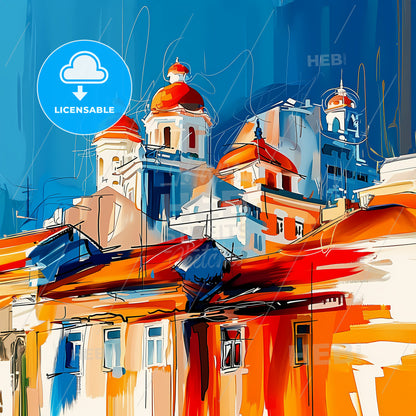 Vibrant Hanoi, Vietnam - A Painting Of A Building With Red And White Domes