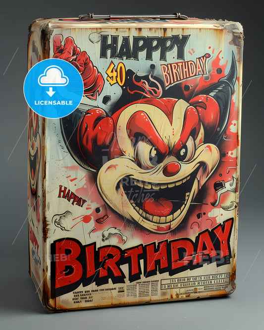 Vintage 1980s Horror Movie Advertising: Happy Birthday Utopian Packaging with Retro Comic Book Style Illustrations and Pop Culture Icons
