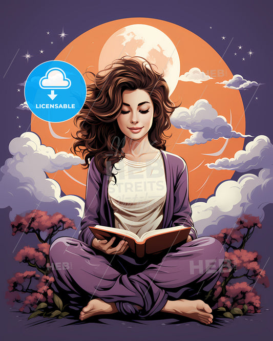 Retro-inspired illustration of a happy woman reading a book in vibrant minimalist style with flat iconic cartoon features