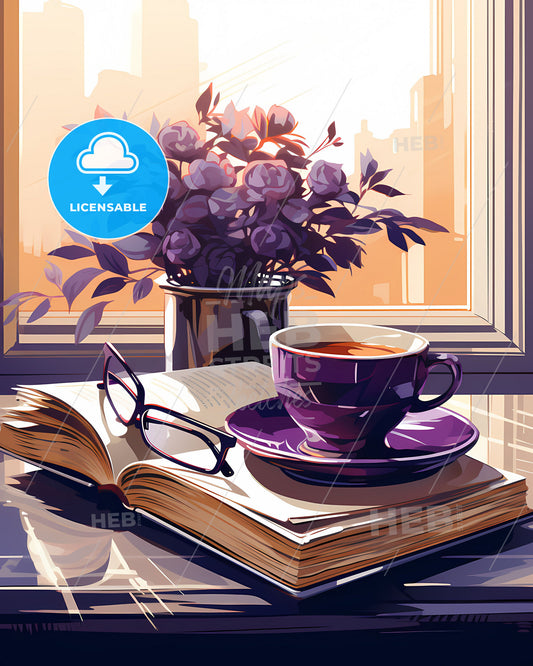 Happy woman reading book minimalist flat iconic cartoon drawing retro purple teacup glasses