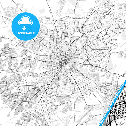 Harare, Zimbabwe light map with streetnames, citynames and districts