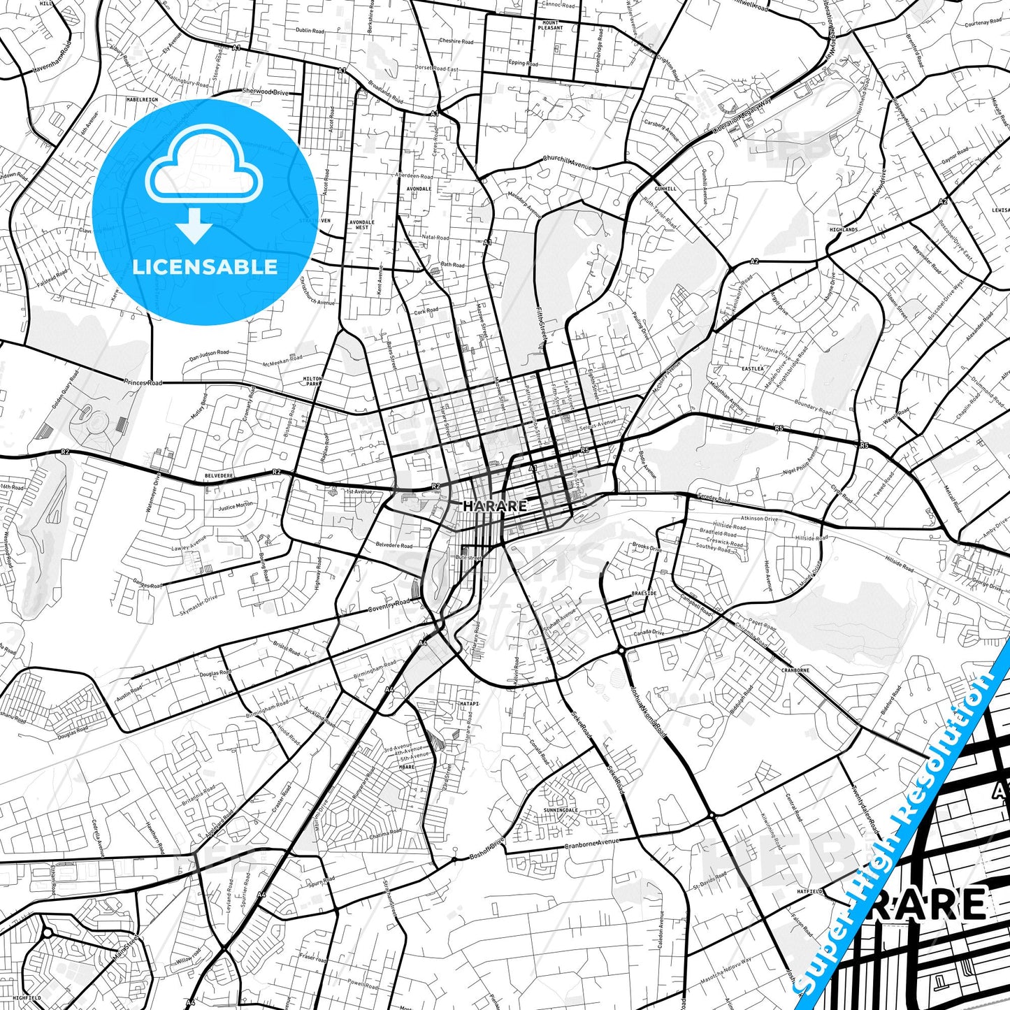 Harare, Zimbabwe Light Map with Street Names, City Names, and Districts