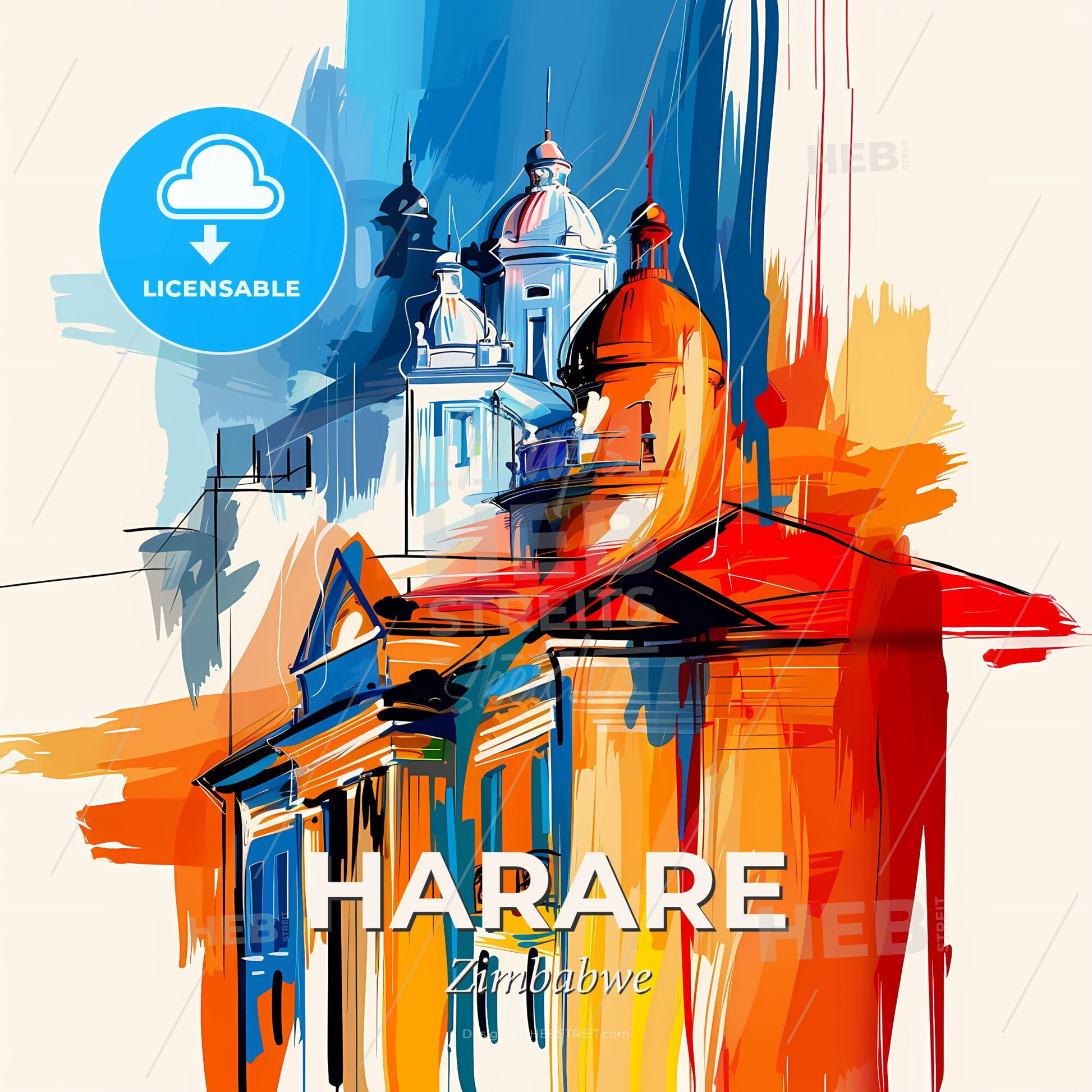 Vibrant Harare, Zimbabwe - A Painting Of A Building With A Colorful Background - Square format print template