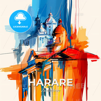 Vibrant Harare, Zimbabwe - A Painting Of A Building With A Colorful Background - Square format print template