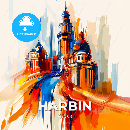 Vibrant Harbin, China - A Painting Of A Building With Towers And A River - Square format print template