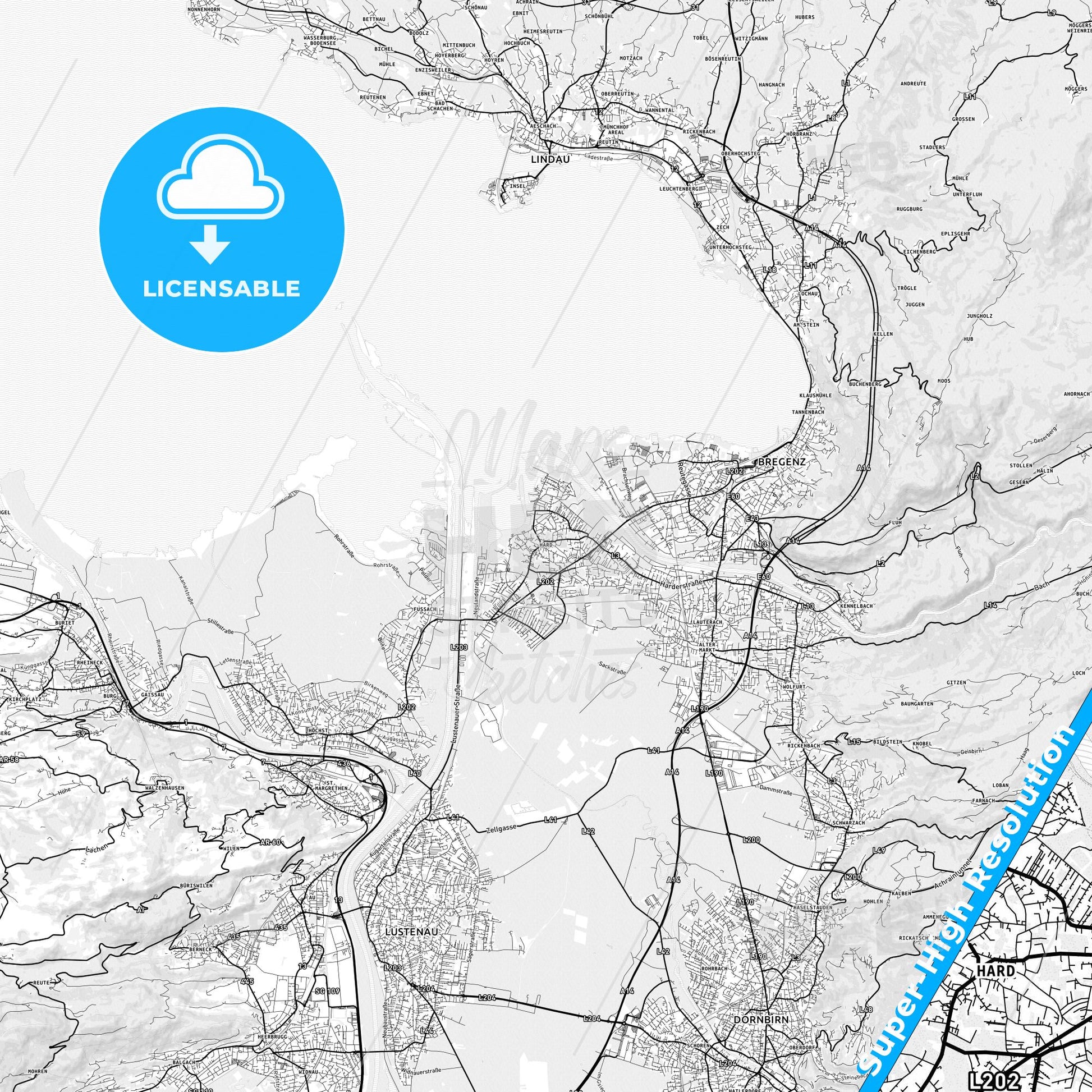 Hard, Austria light map with streetnames, citynames and districts