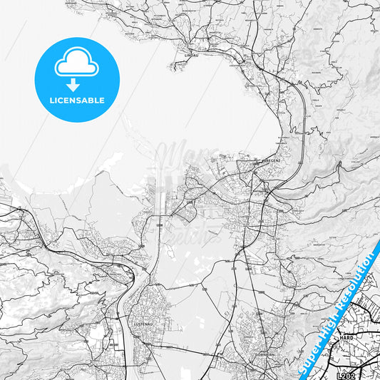 Hard, Austria light map with streetnames, citynames and districts