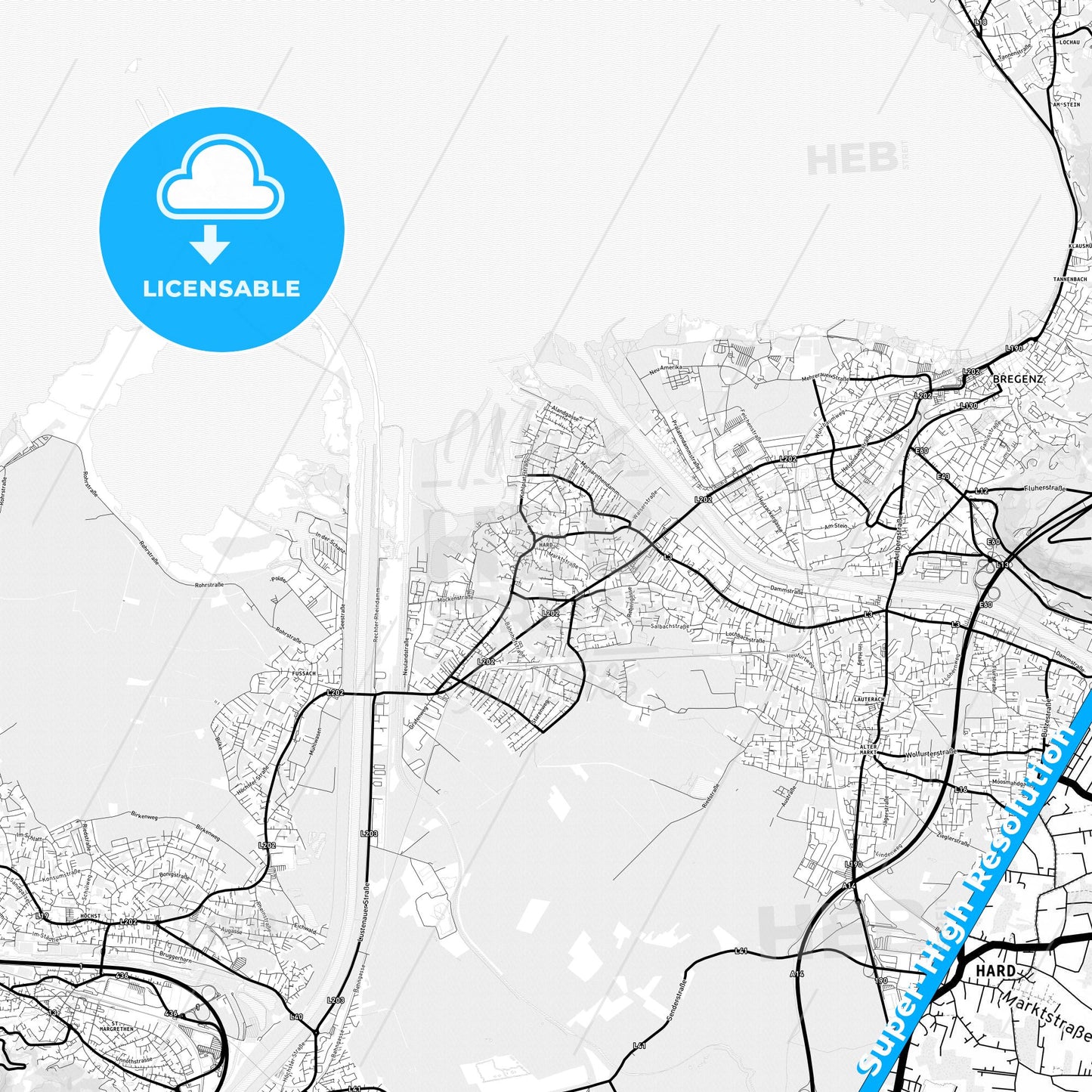 Hard, Austria Light Map with Street Names, City Names, and Districts