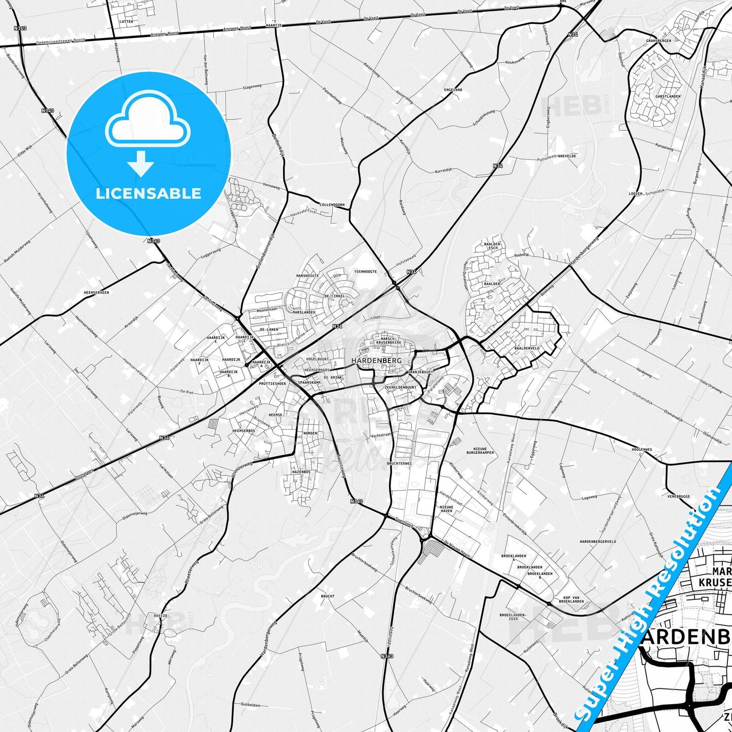 Hardenberg, Netherlands Light Map with Street Names, City Names, and Districts