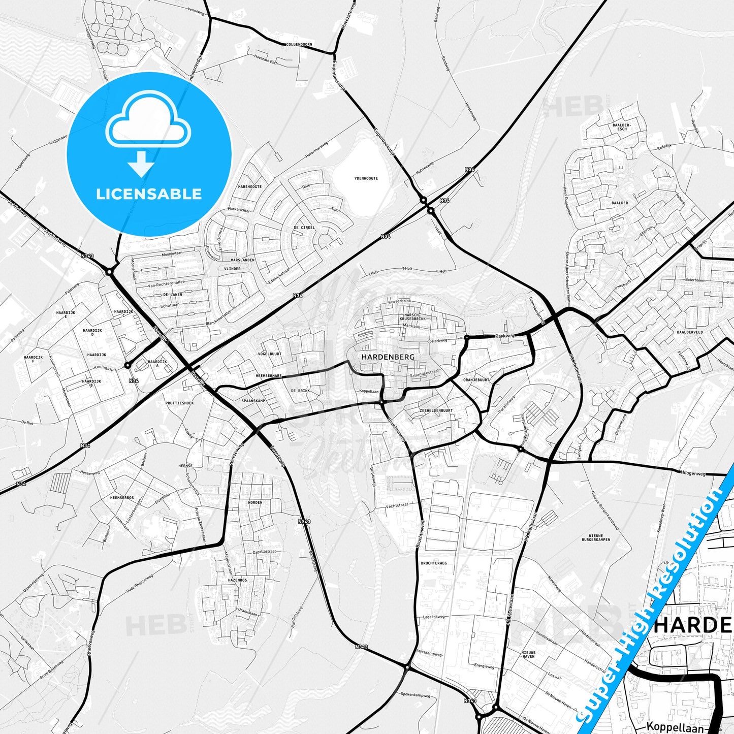 Hardenberg, Netherlands Light Map with Street Names, City Names, and Districts
