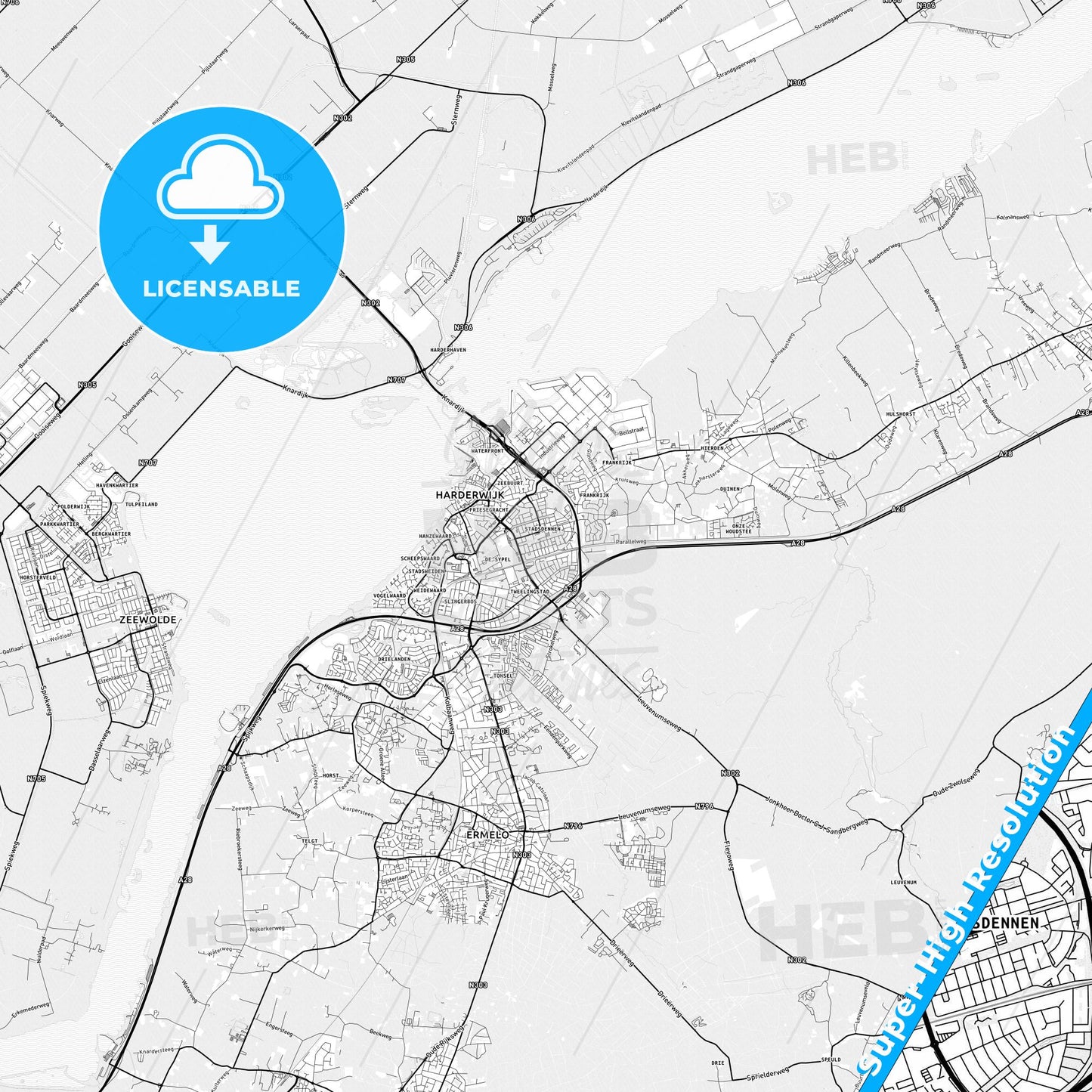 Harderwijk, Netherlands light map with streetnames, citynames and districts