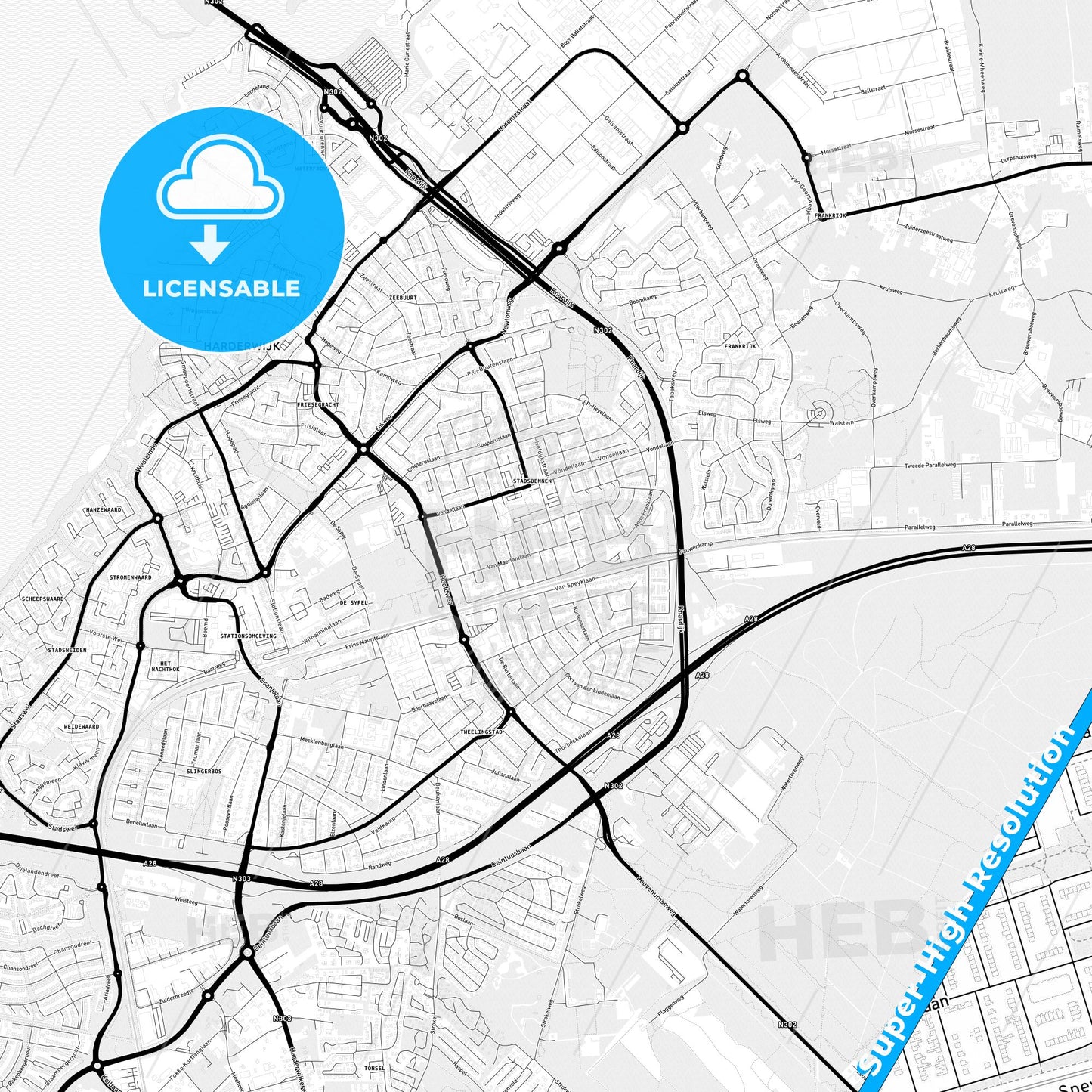 Harderwijk, Netherlands Light Map with Street Names, City Names, and Districts