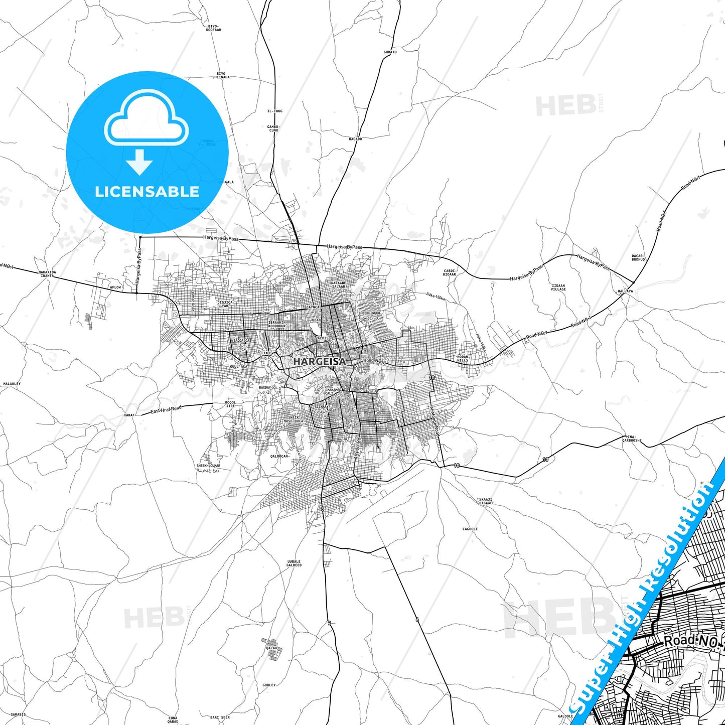 Hargeysa, Somalia light map with streetnames, citynames and districts