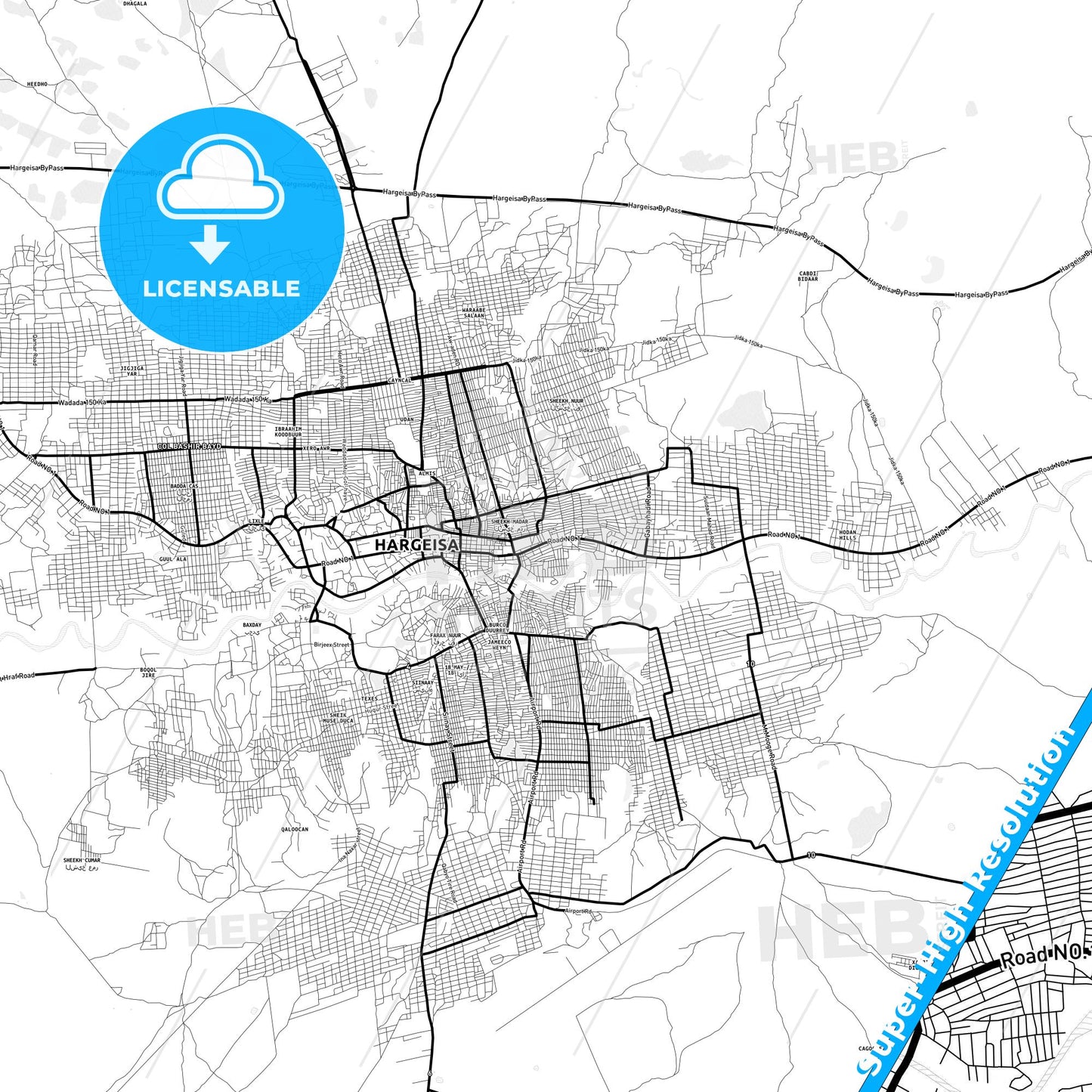 Hargeysa, Somalia Light Map with Street Names, City Names, and Districts
