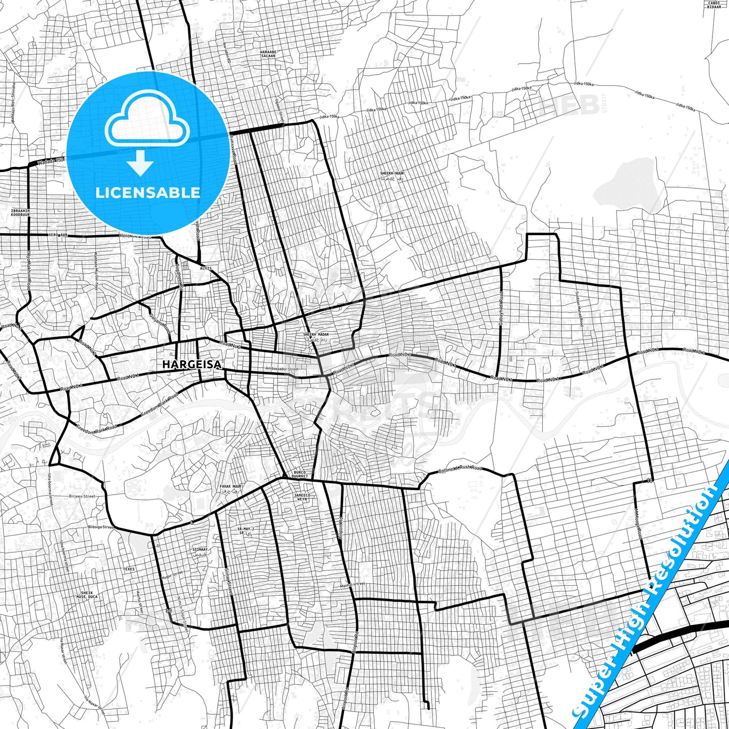 Hargeysa, Somalia Light Map with Street Names, City Names, and Districts