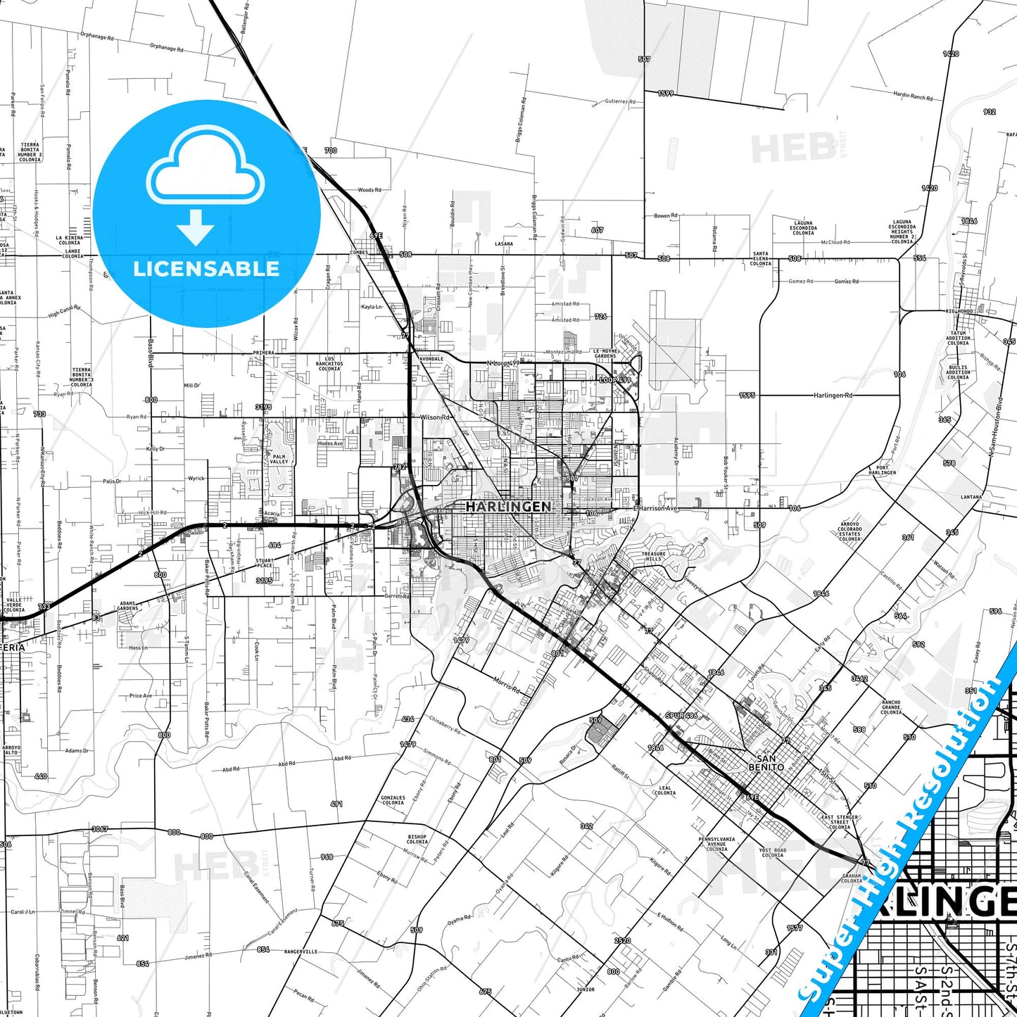 Harlingen, Texas light map with streetnames, citynames and districts
