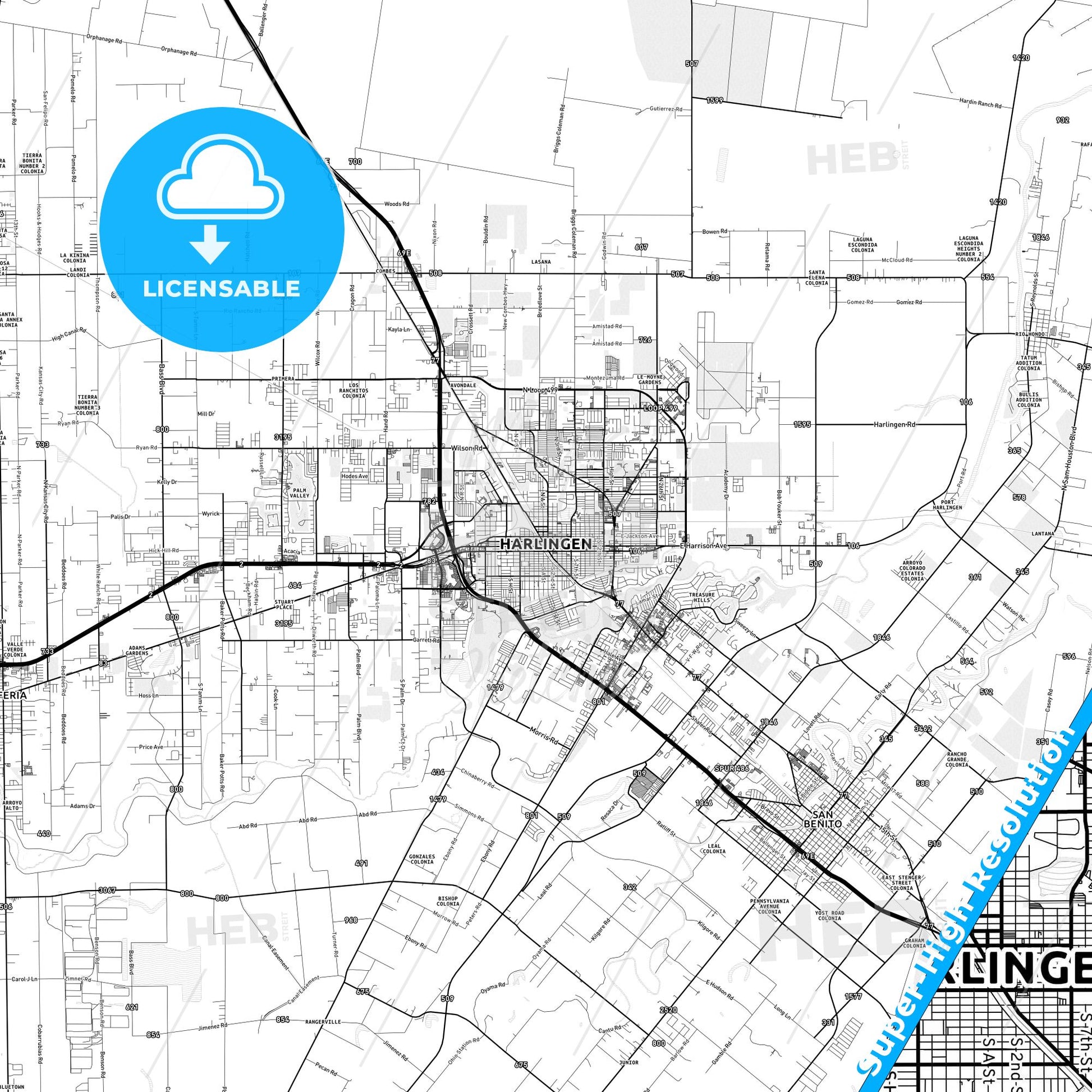 Harlingen, Texas light map with streetnames, citynames and districts