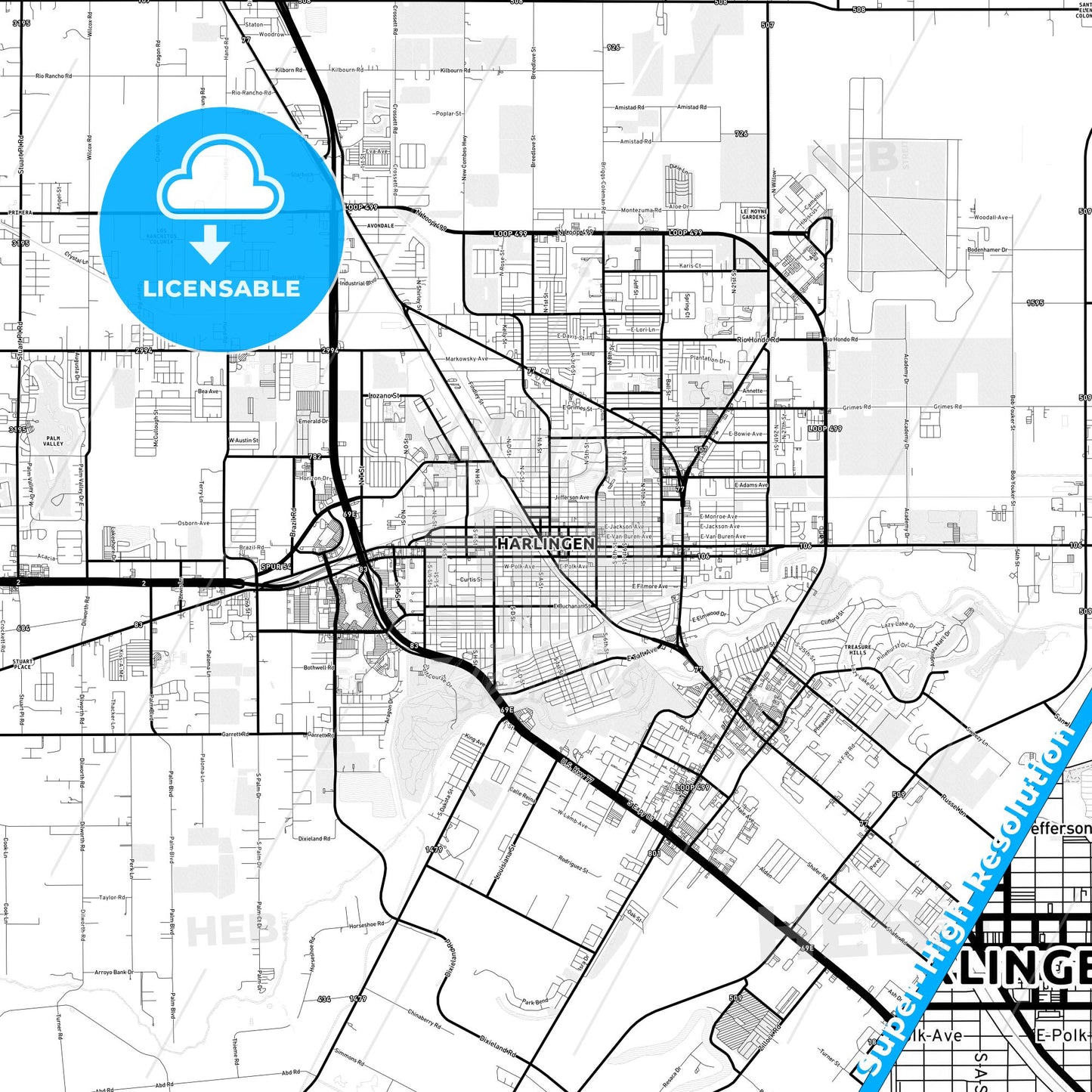 Harlingen, Texas Light Map with Street Names, City Names, and Districts