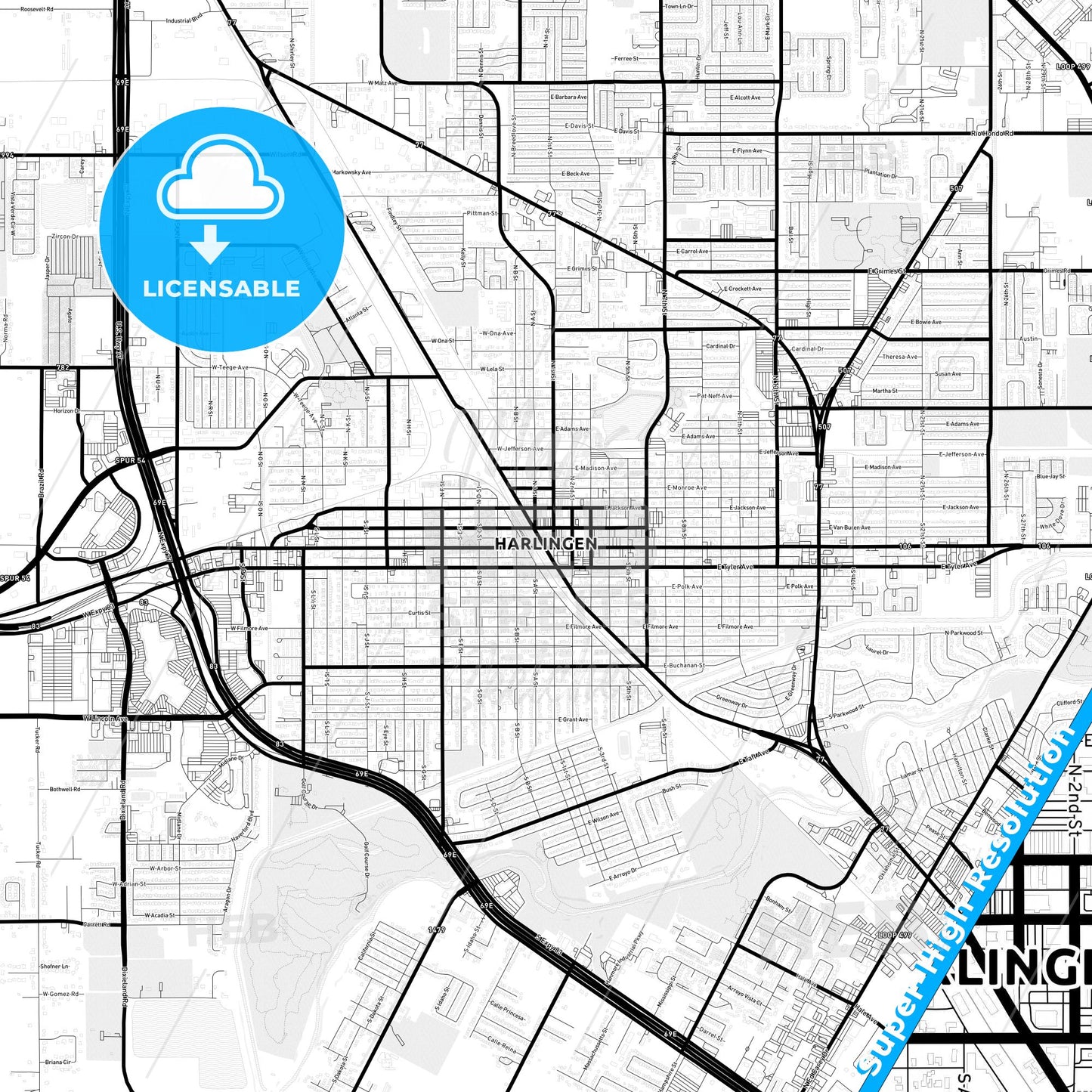 Harlingen, Texas Light Map with Street Names, City Names, and Districts