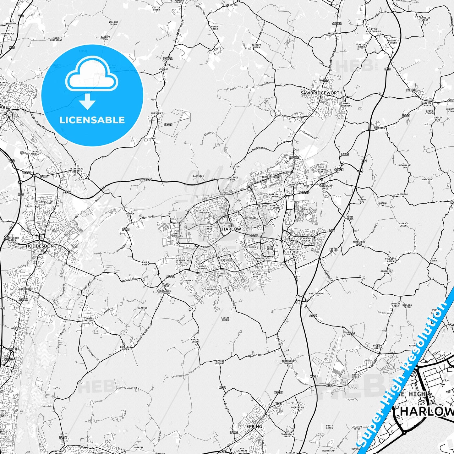 Harlow, England light map with streetnames, citynames and districts