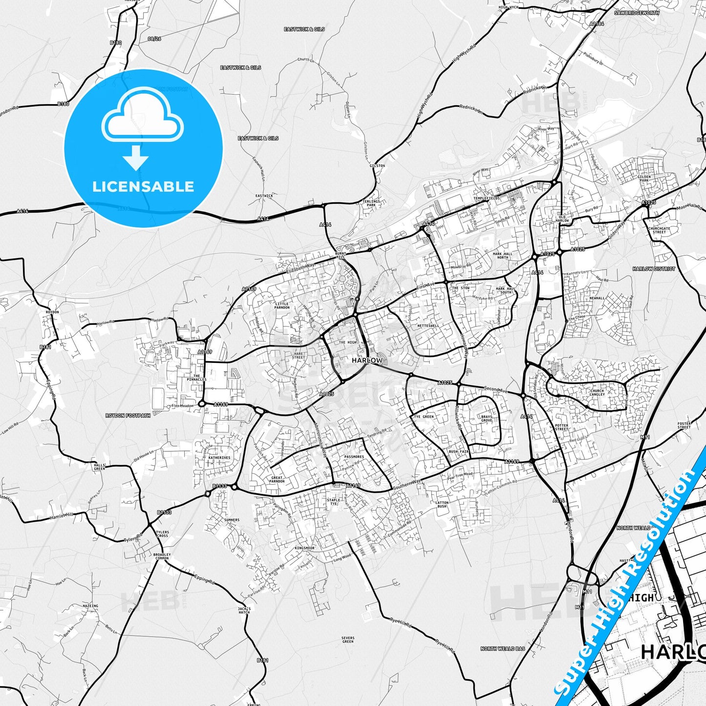 Harlow, England Light Map with Street Names, City Names, and Districts