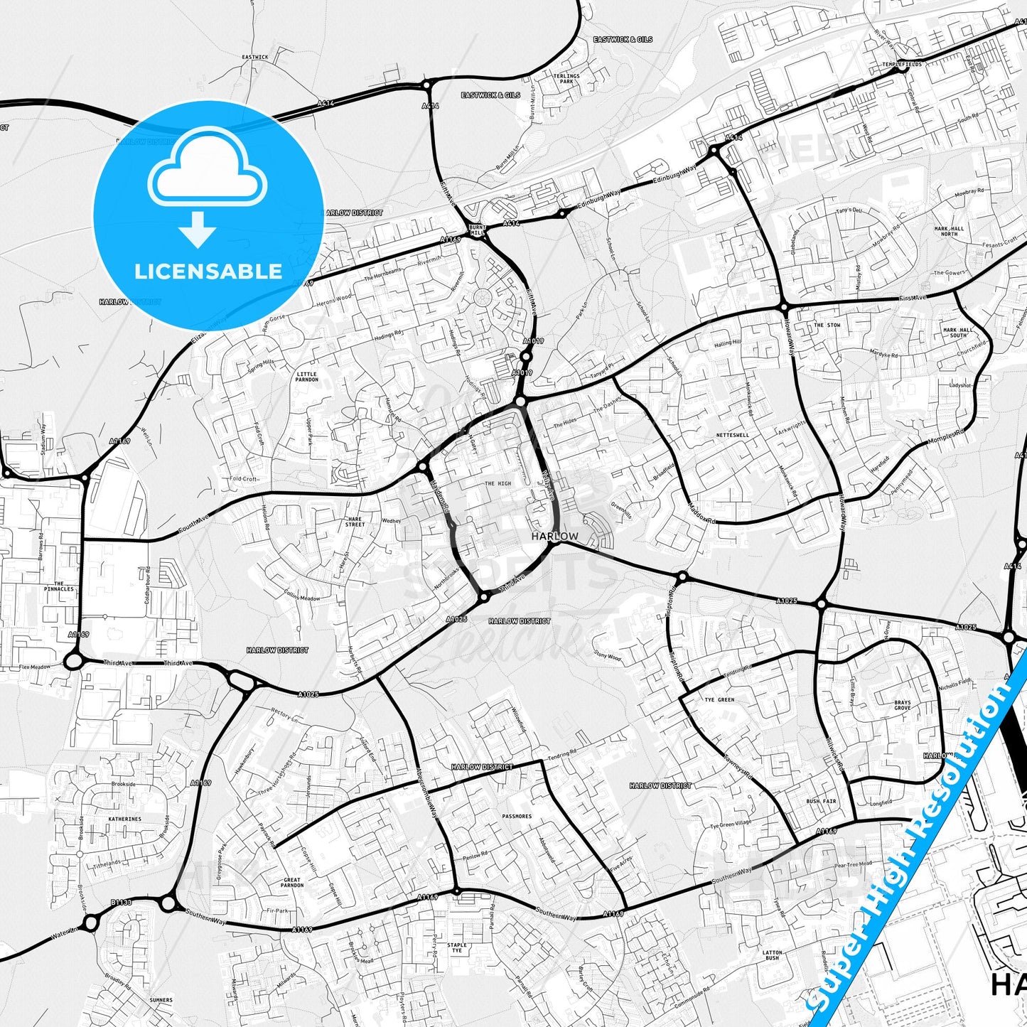 Harlow, England Light Map with Street Names, City Names, and Districts