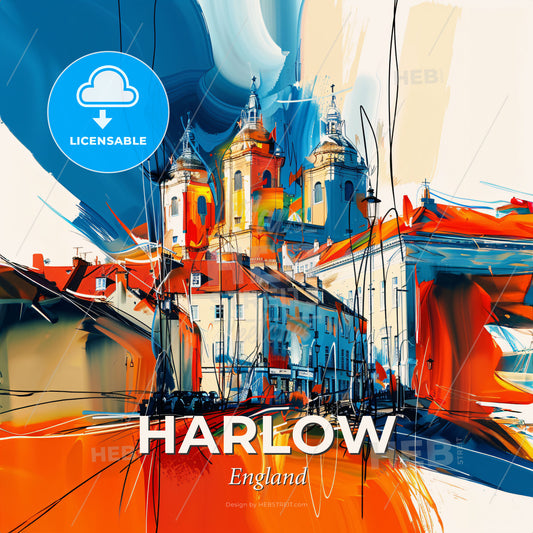 Vibrant Harlow, England - A Painting Of A Skyline With A Colorful Building - Square format print template