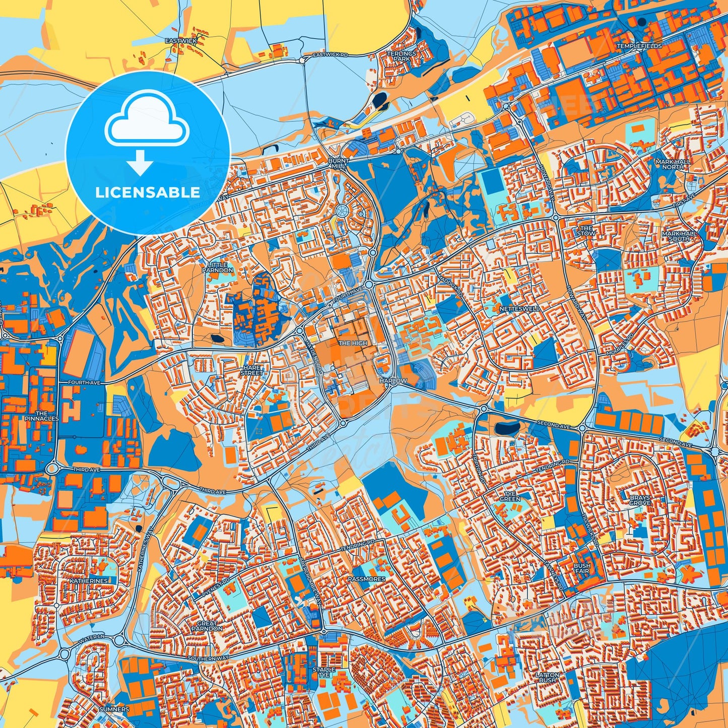 Colorful Harlow Street Map with Labels and Buildings
