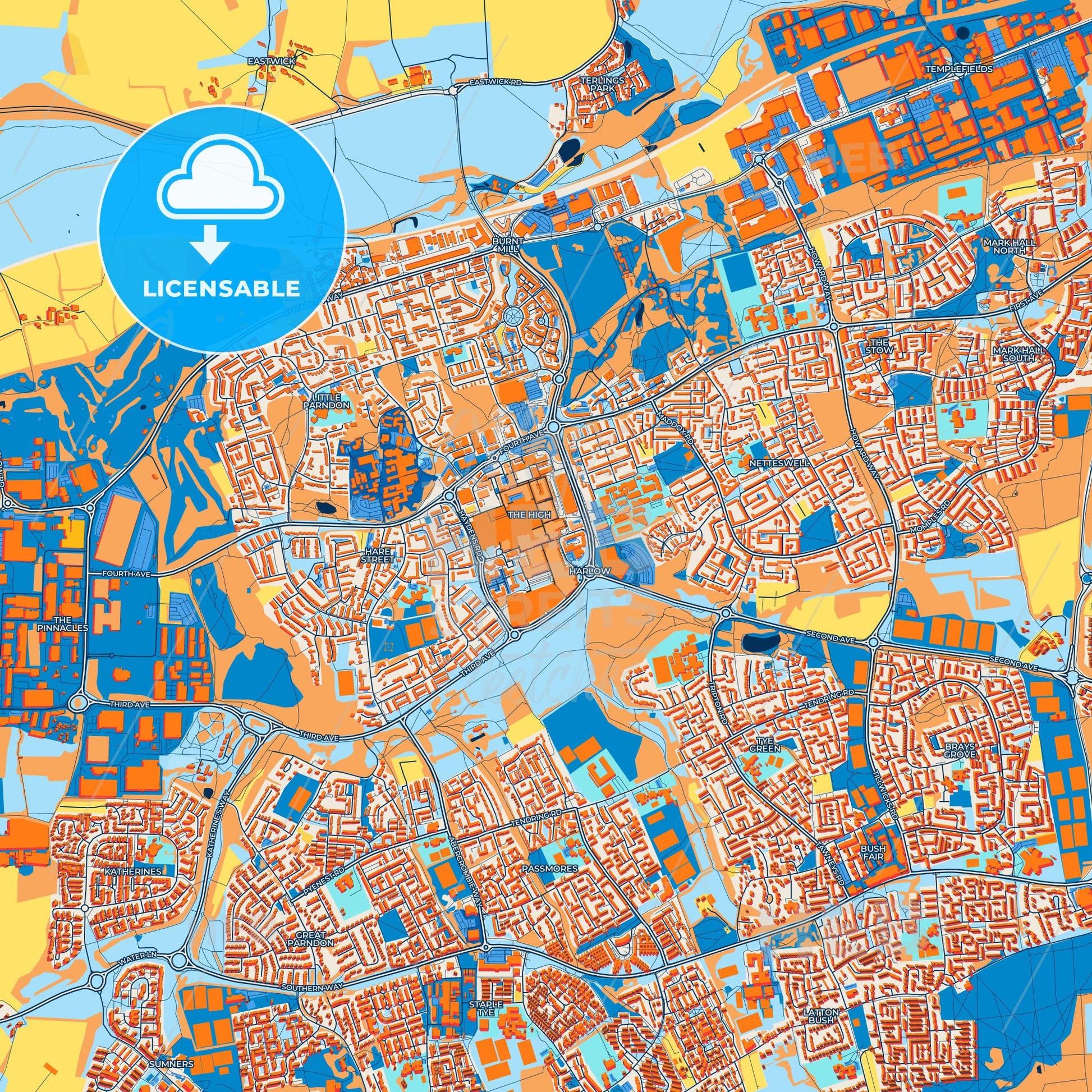 Colorful Harlow Street Map with Labels and Buildings
