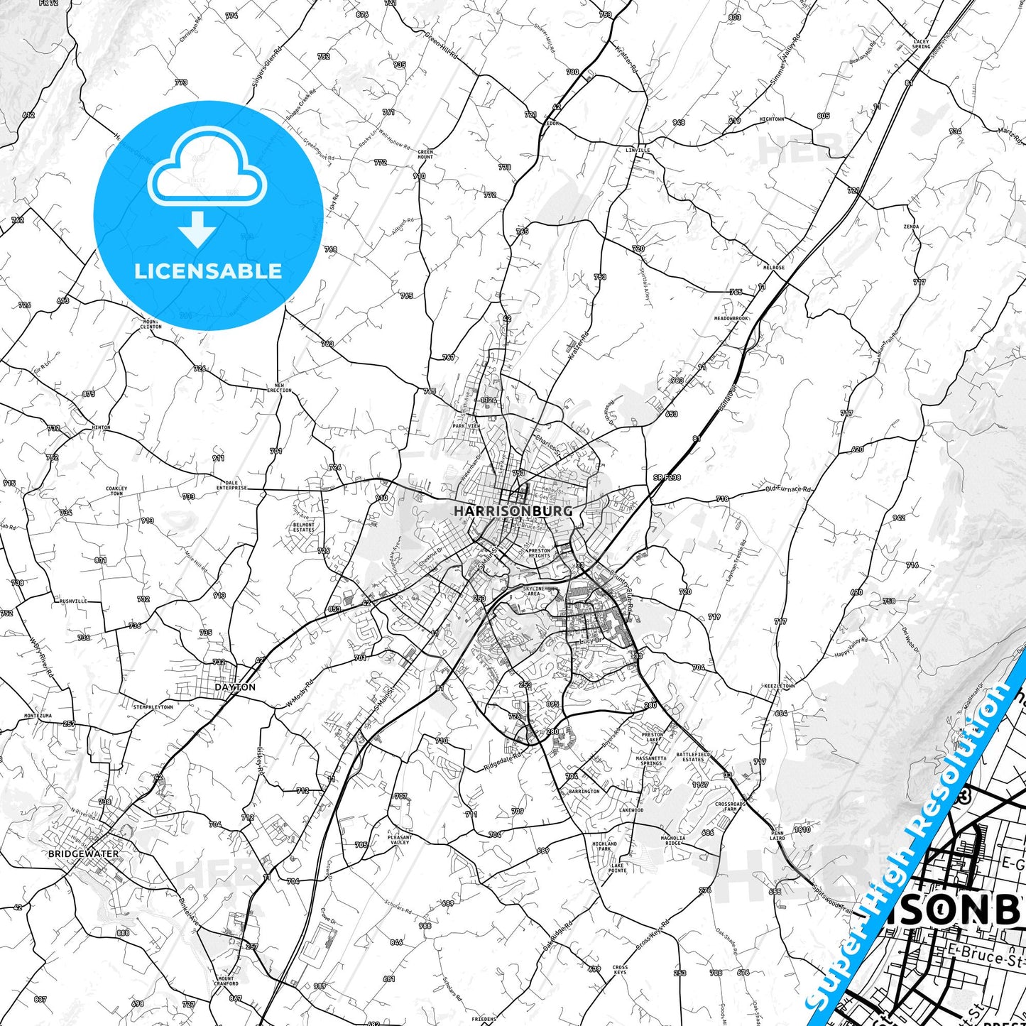 Harrisonburg, Virginia light map with streetnames, citynames and districts