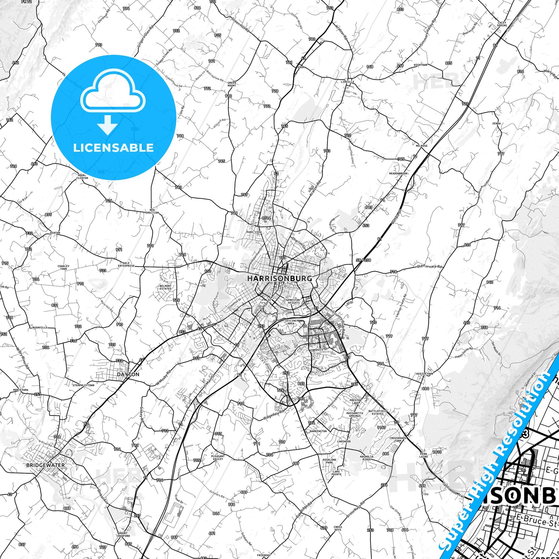 Harrisonburg, Virginia light map with streetnames, citynames and districts