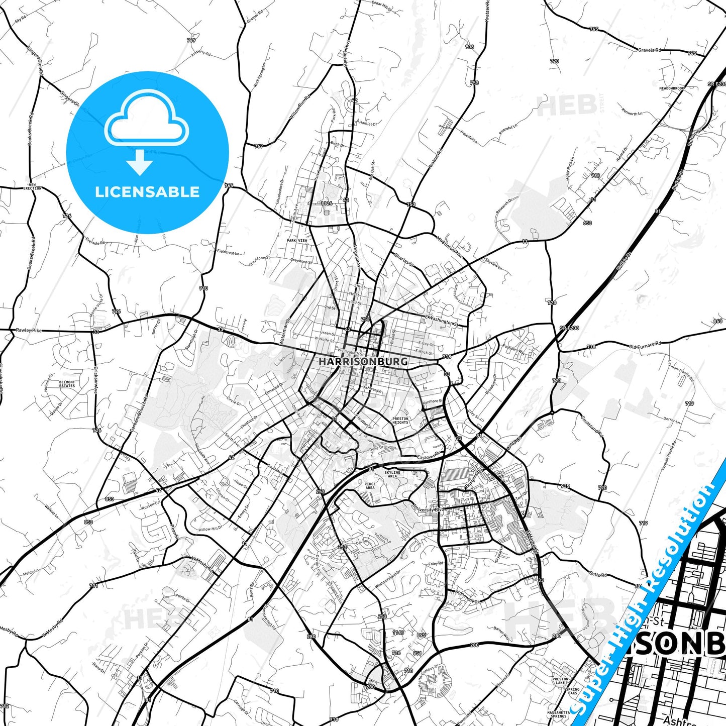 Harrisonburg, Virginia Light Map with Street Names, City Names, and Districts
