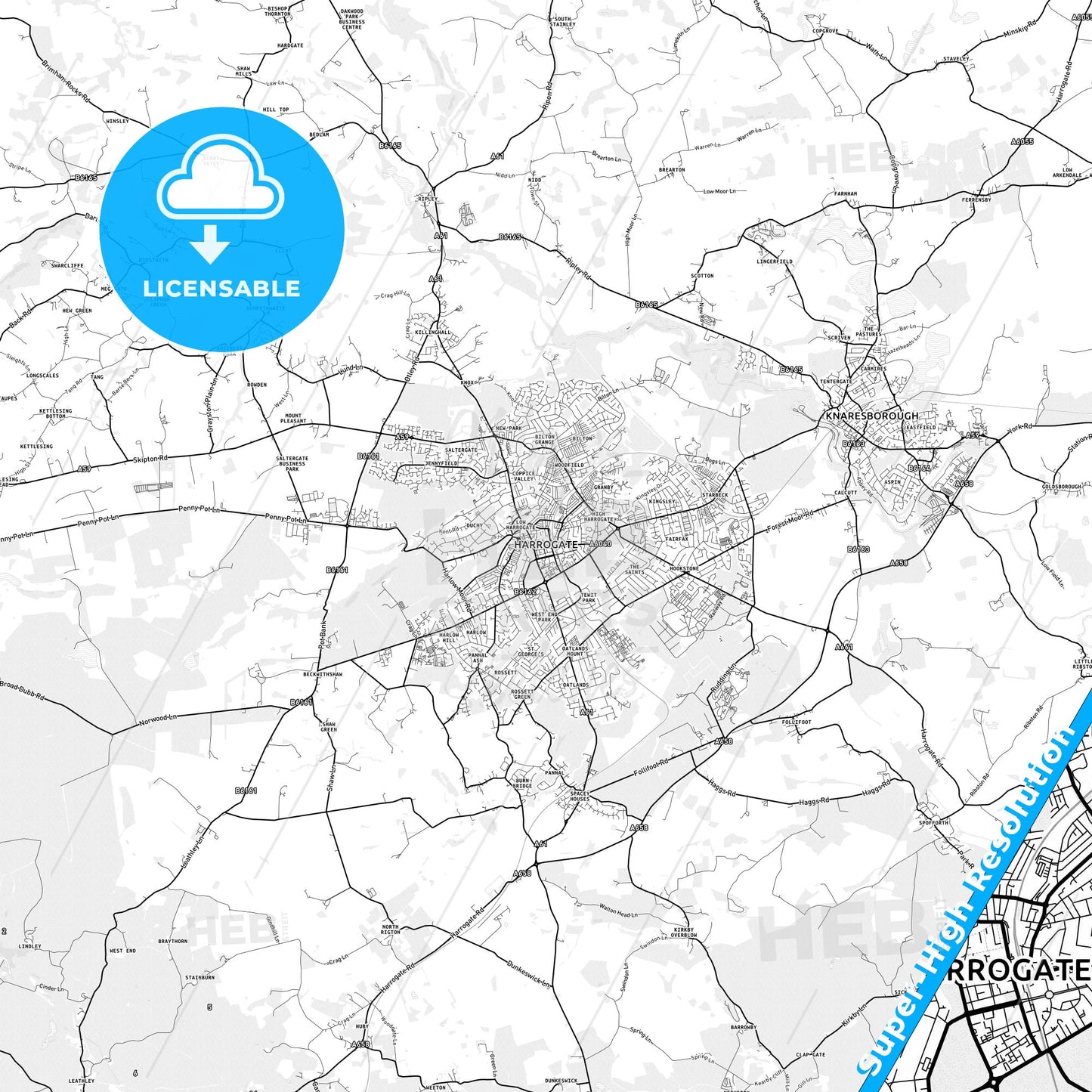 Harrogate, England light map with streetnames, citynames and districts