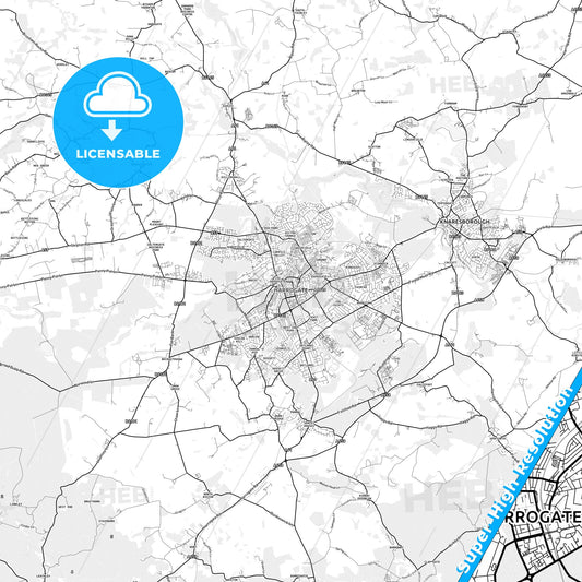 Harrogate, England light map with streetnames, citynames and districts
