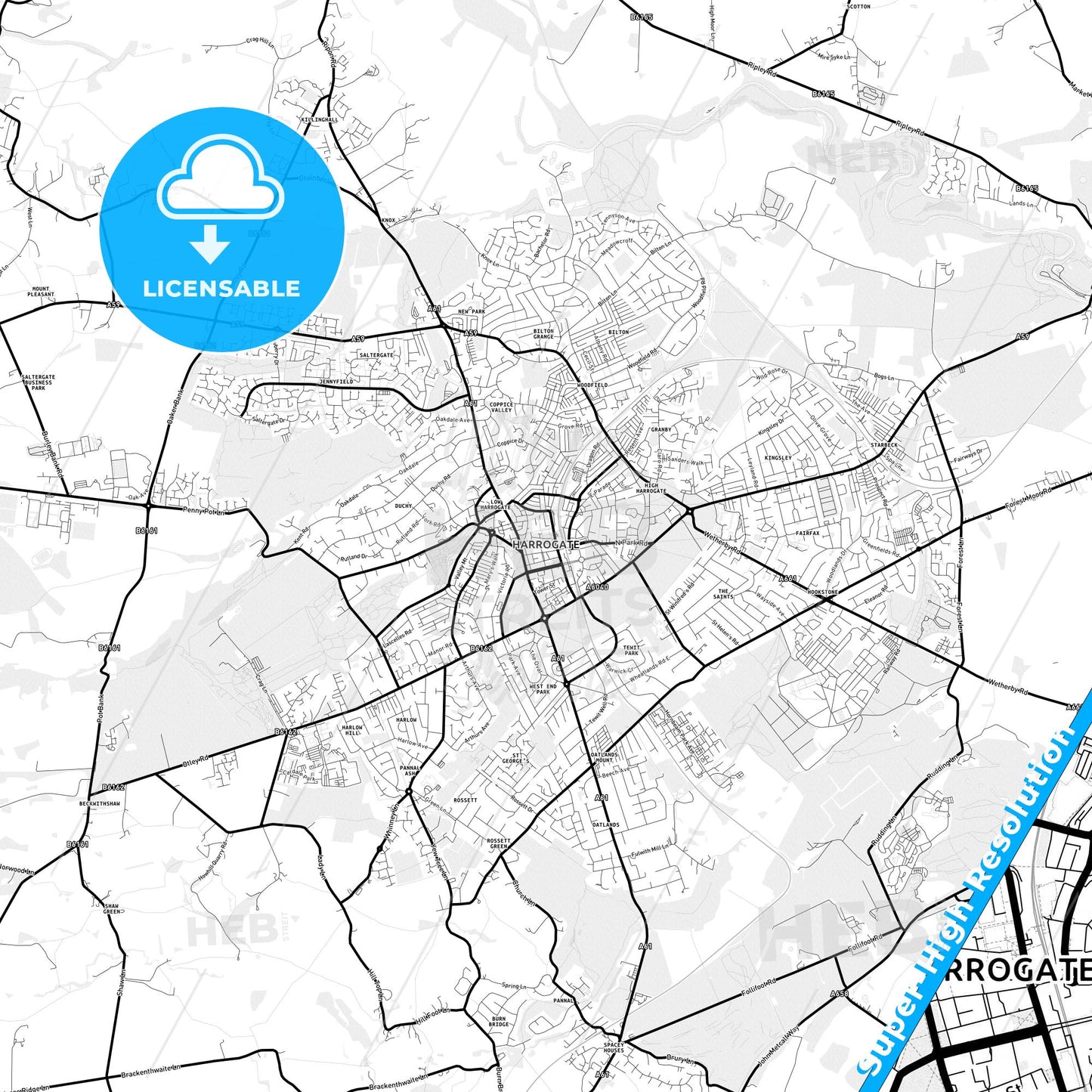 Harrogate, England Light Map with Street Names, City Names, and Districts