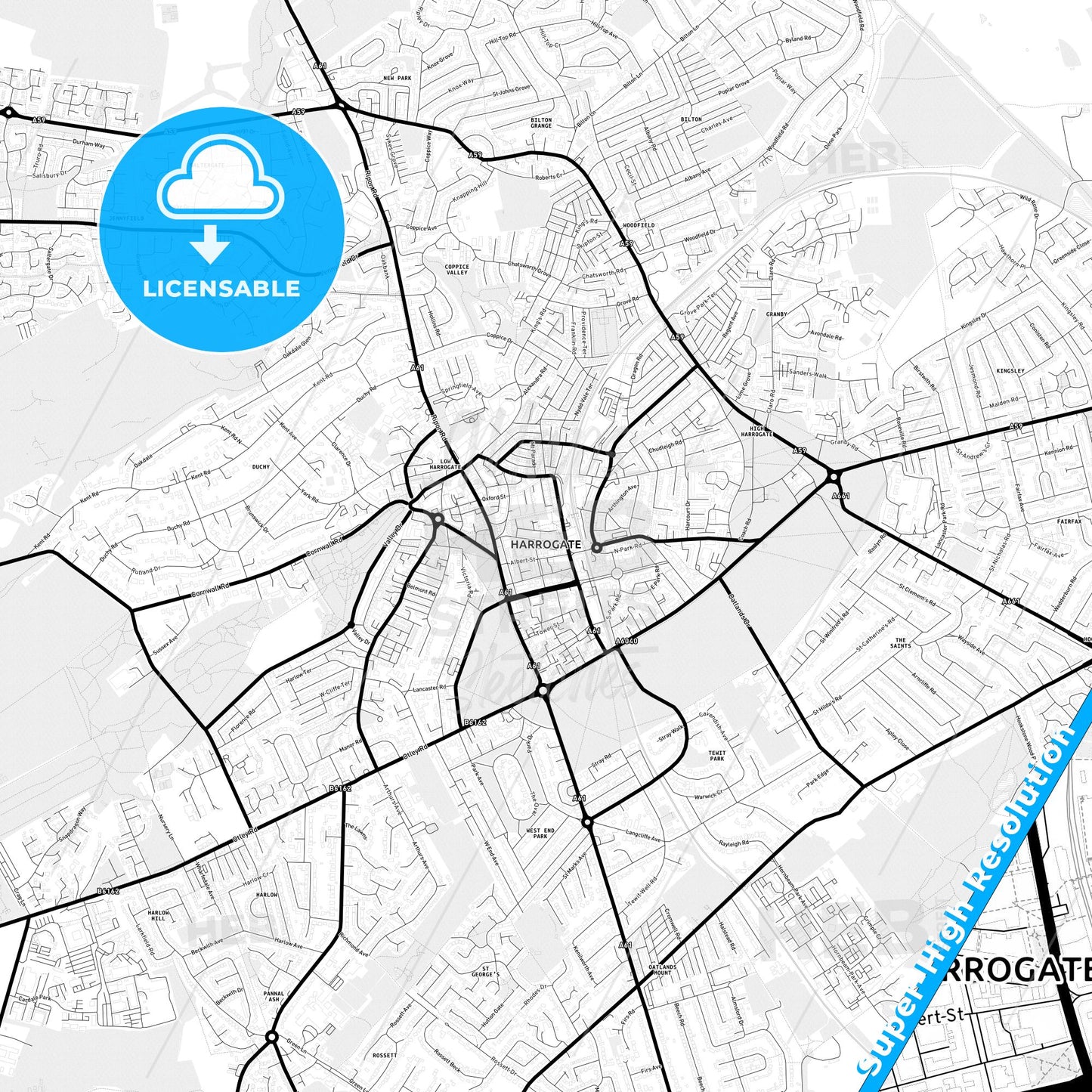 Harrogate, England Light Map with Street Names, City Names, and Districts