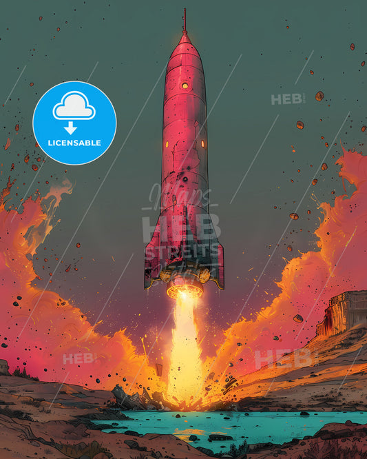 Neon Pink Oil-Painted 1960s Dystopian Comic Book Art: 1950s Rocket Plunging into Teal Gloss Pool, Set against Eerie 1980s Horror Sunset