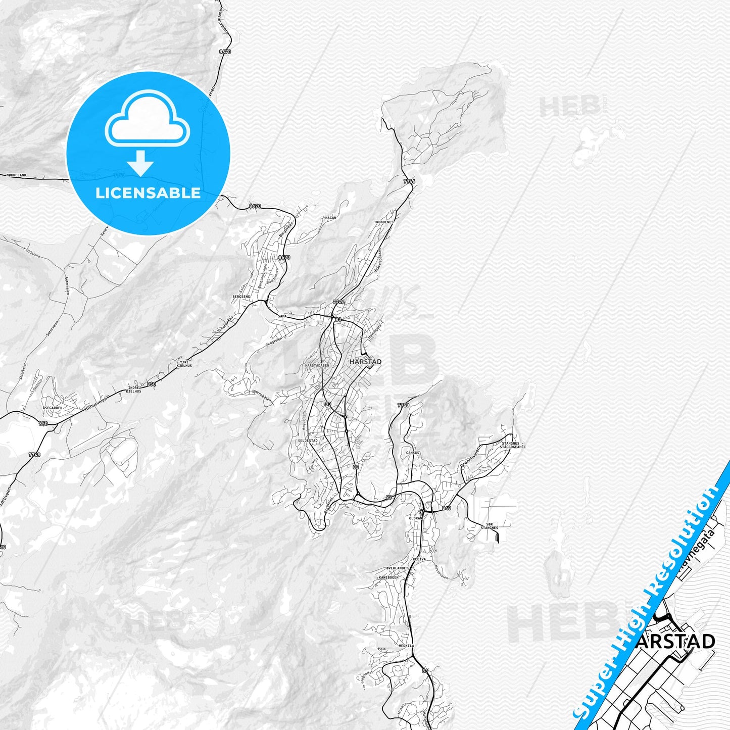Harstad, Norway light map with streetnames, citynames and districts