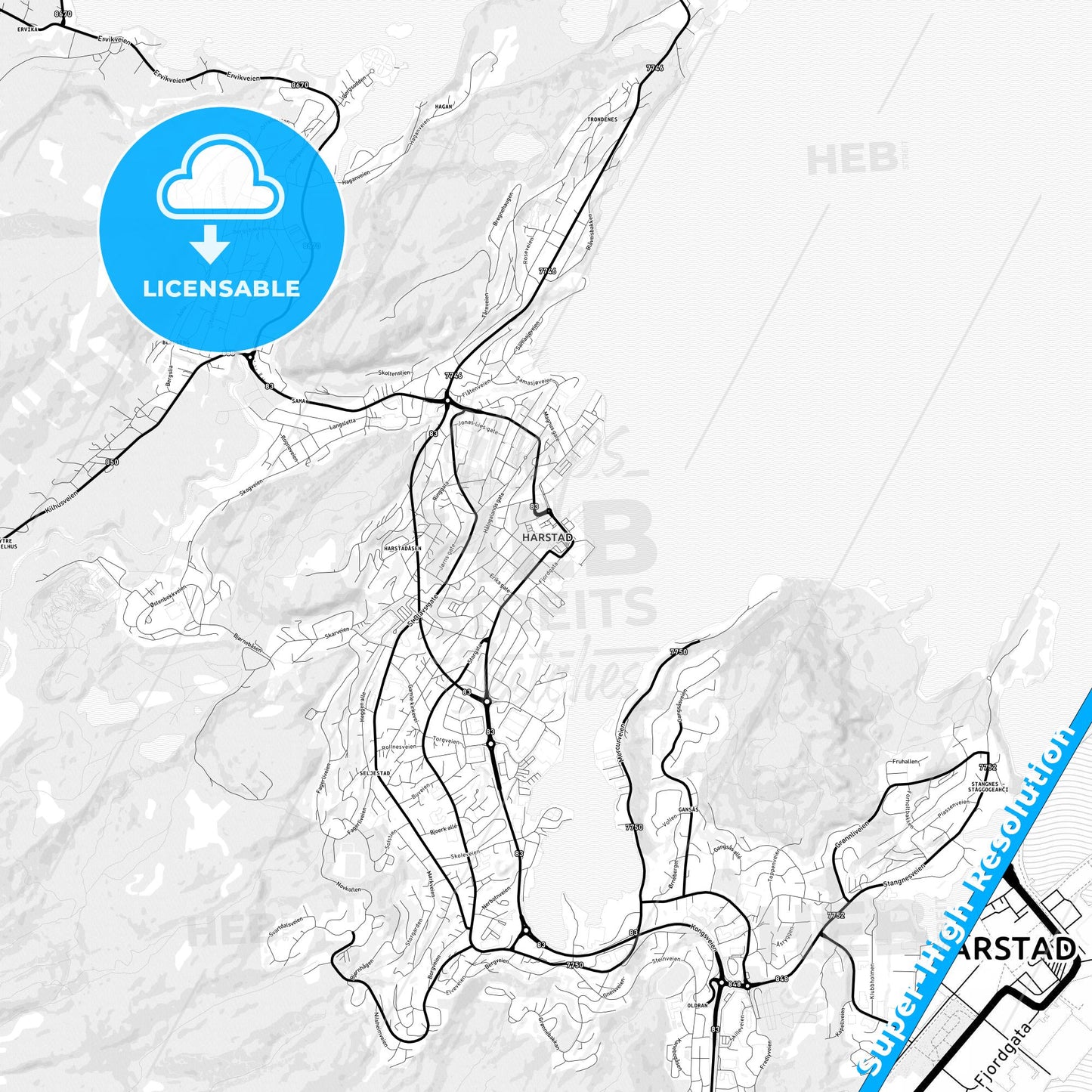 Harstad, Norway Light Map with Street Names, City Names, and Districts