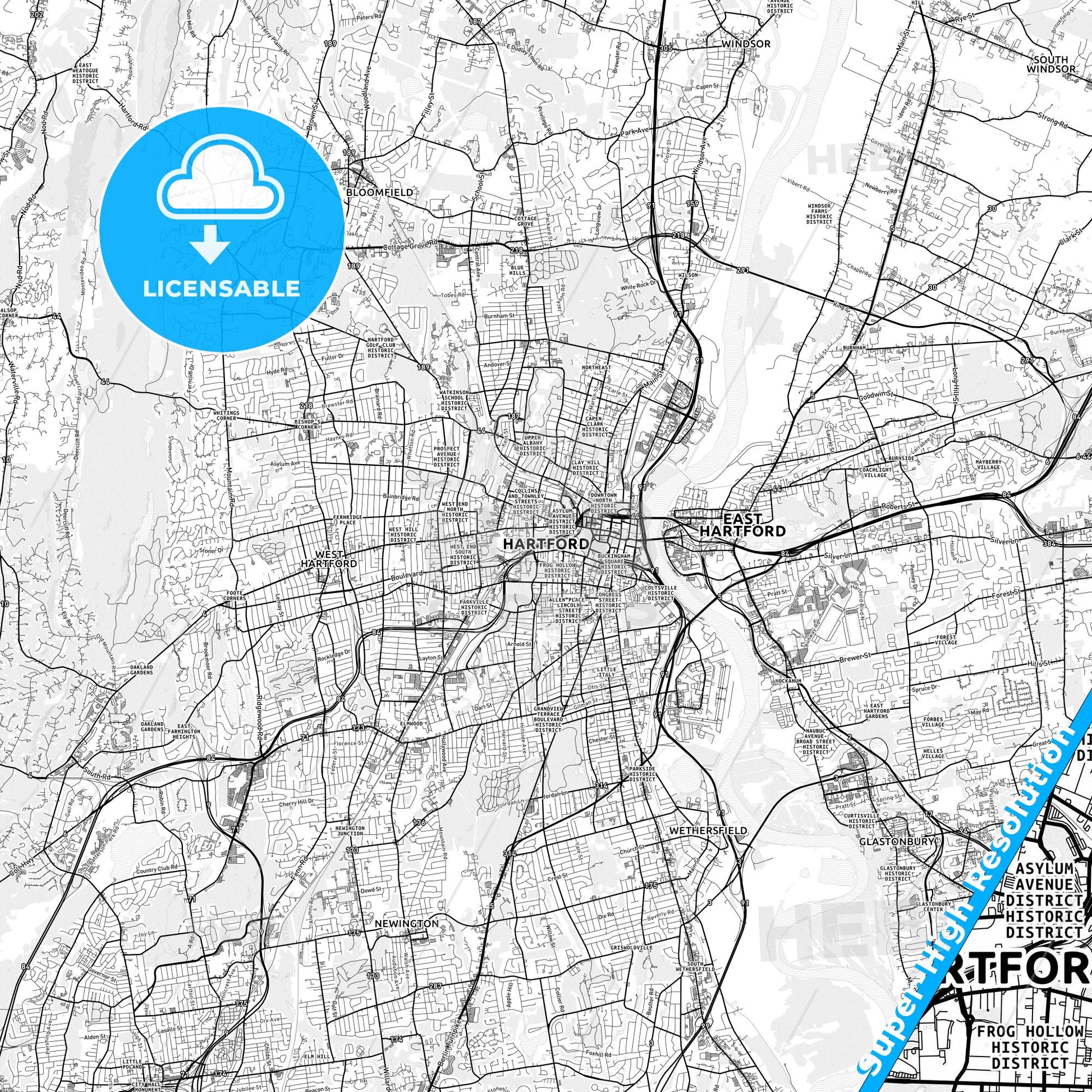 Hartford, Connecticut light map with streetnames, citynames and districts
