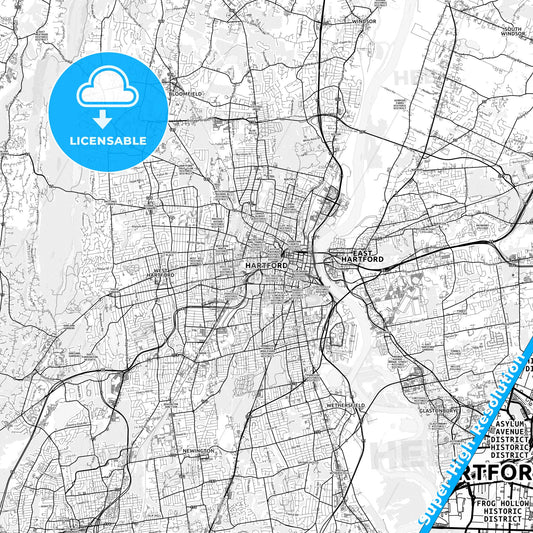 Hartford, Connecticut light map with streetnames, citynames and districts