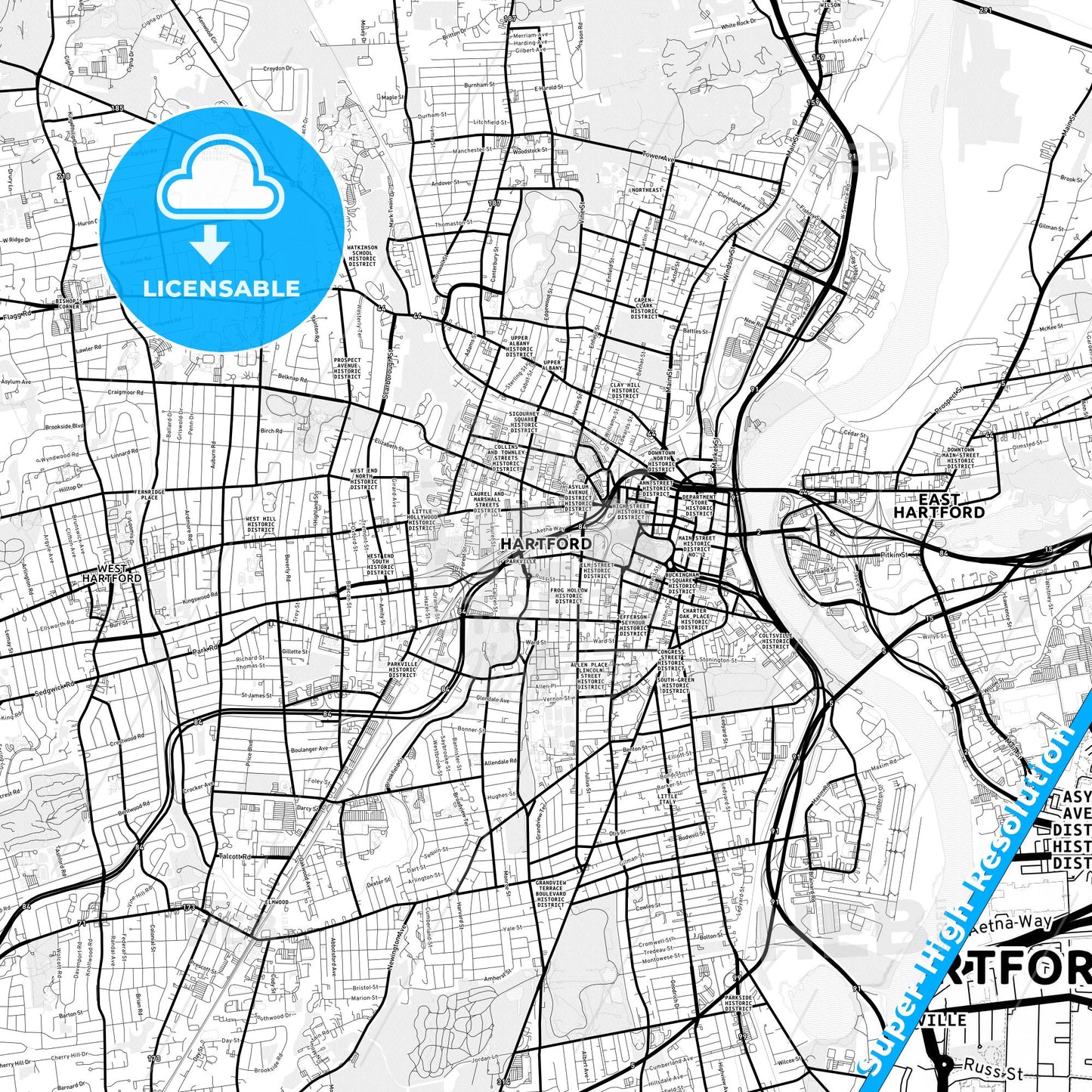 Hartford, Connecticut Light Map with Street Names, City Names, and Districts