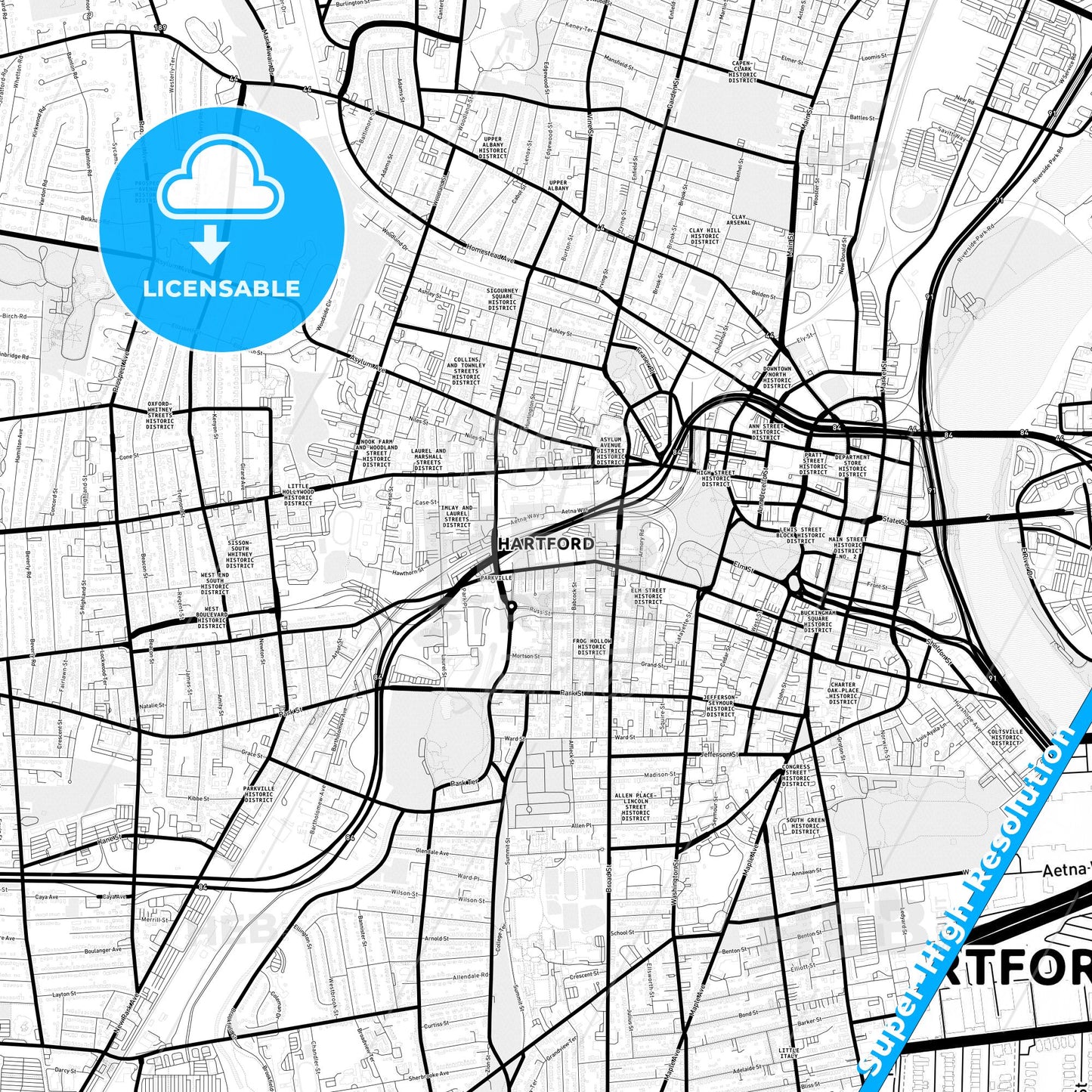 Hartford, Connecticut Light Map with Street Names, City Names, and Districts